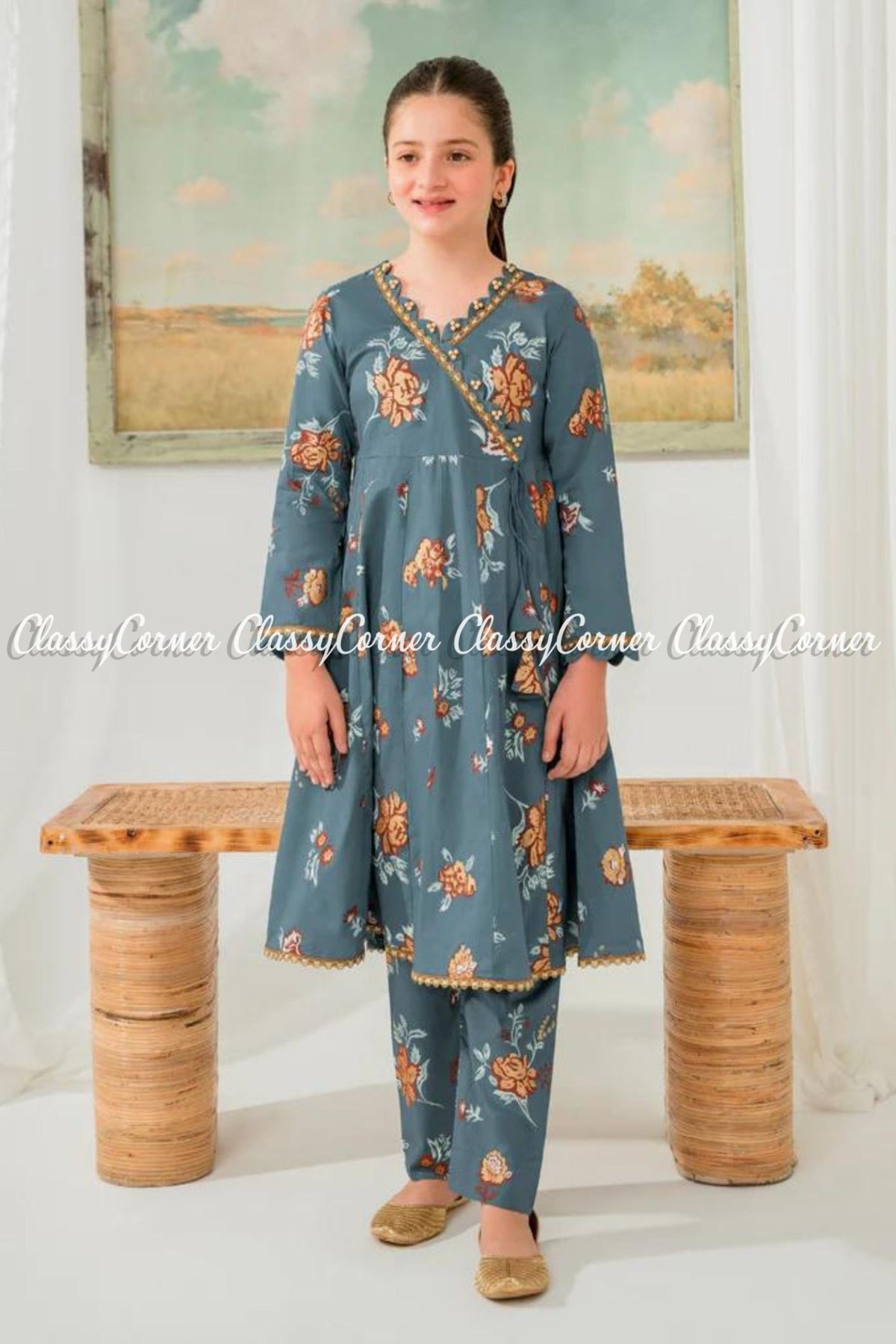 Girls Blue Cotton Lawn Readymade Outfit