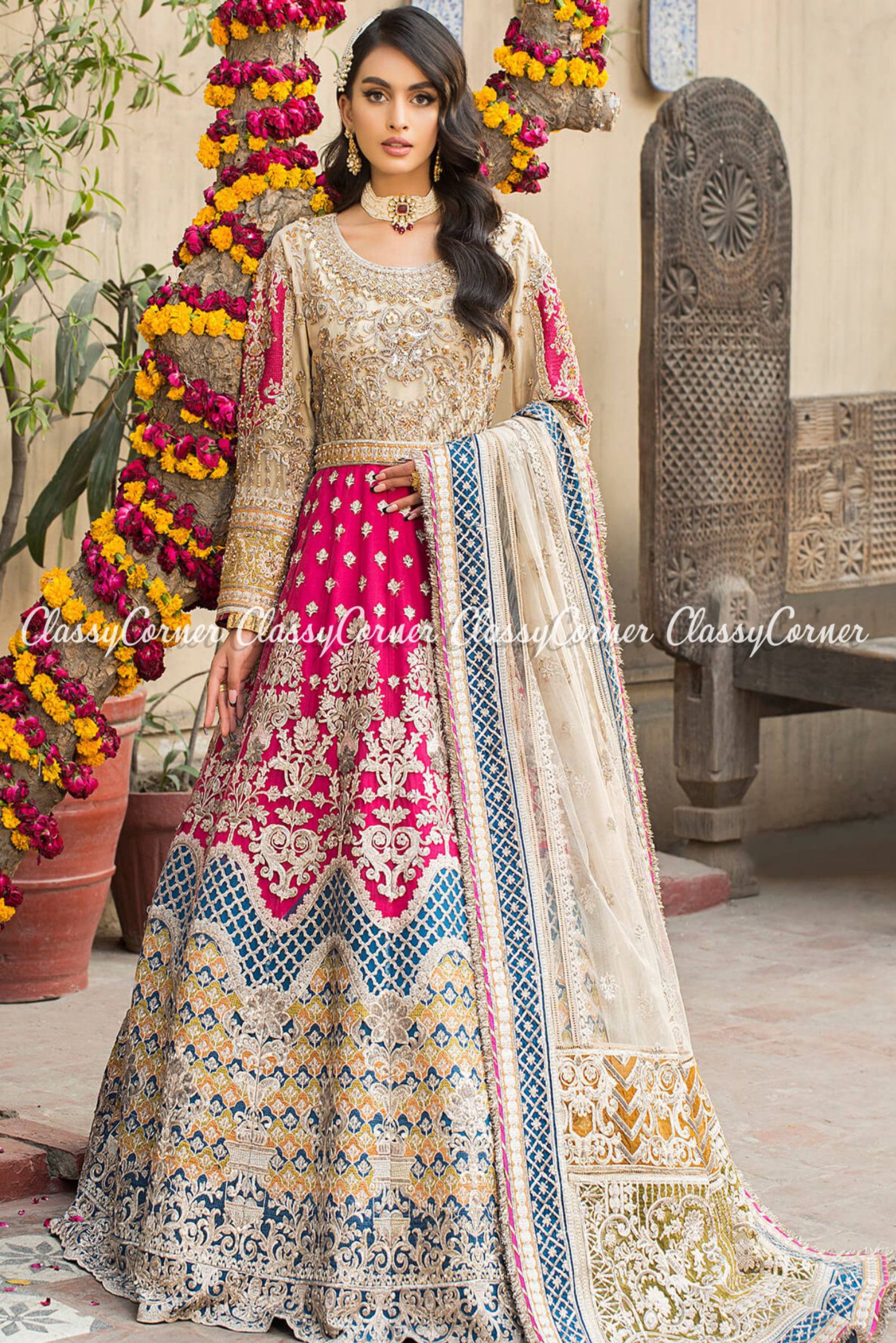 Multicolor Hot Pink Net Embroidered Pakistani Party Wear Gown