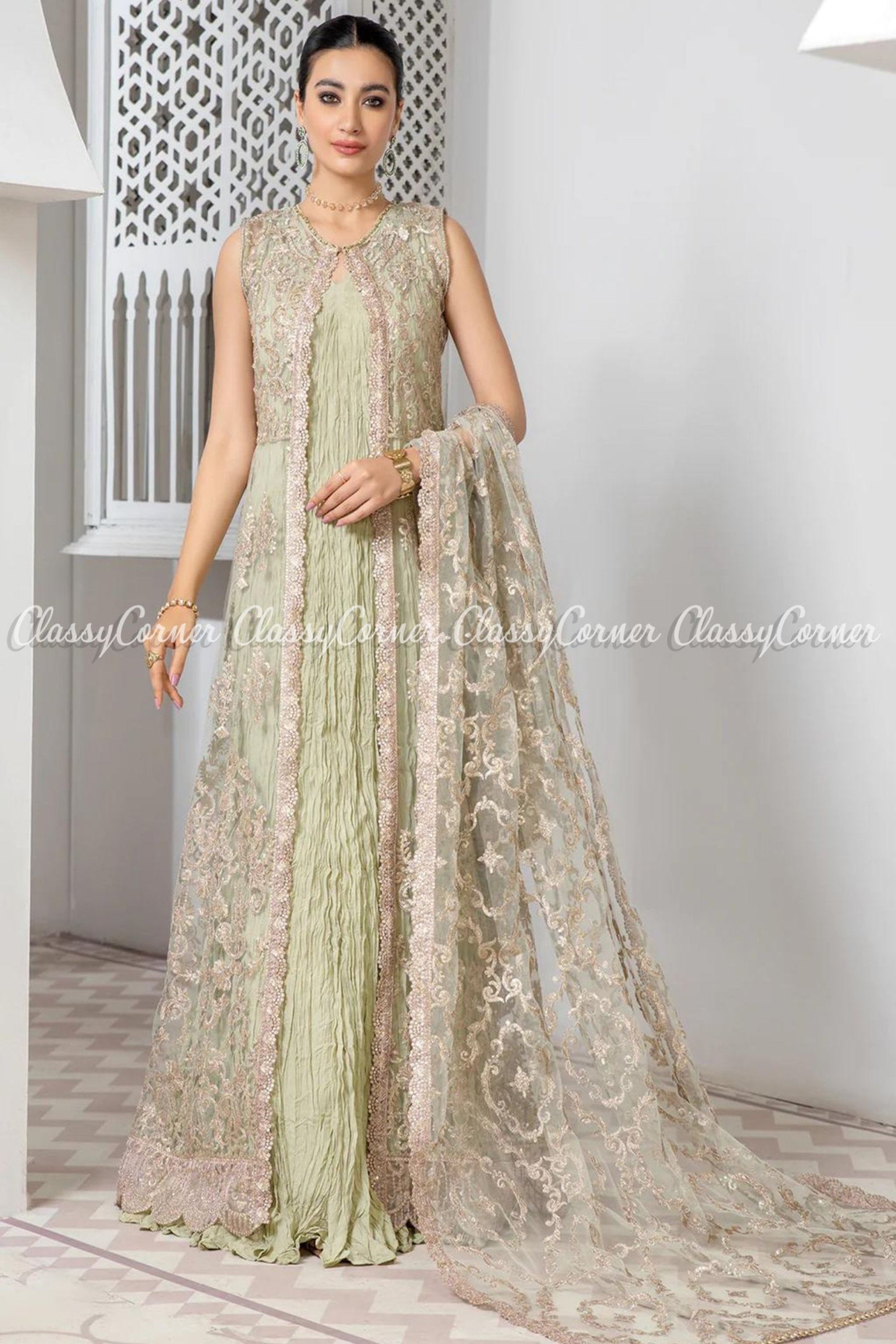 Pakistani Mint Green Golden Net Embroidered Gown Outfits - Classy Corner
