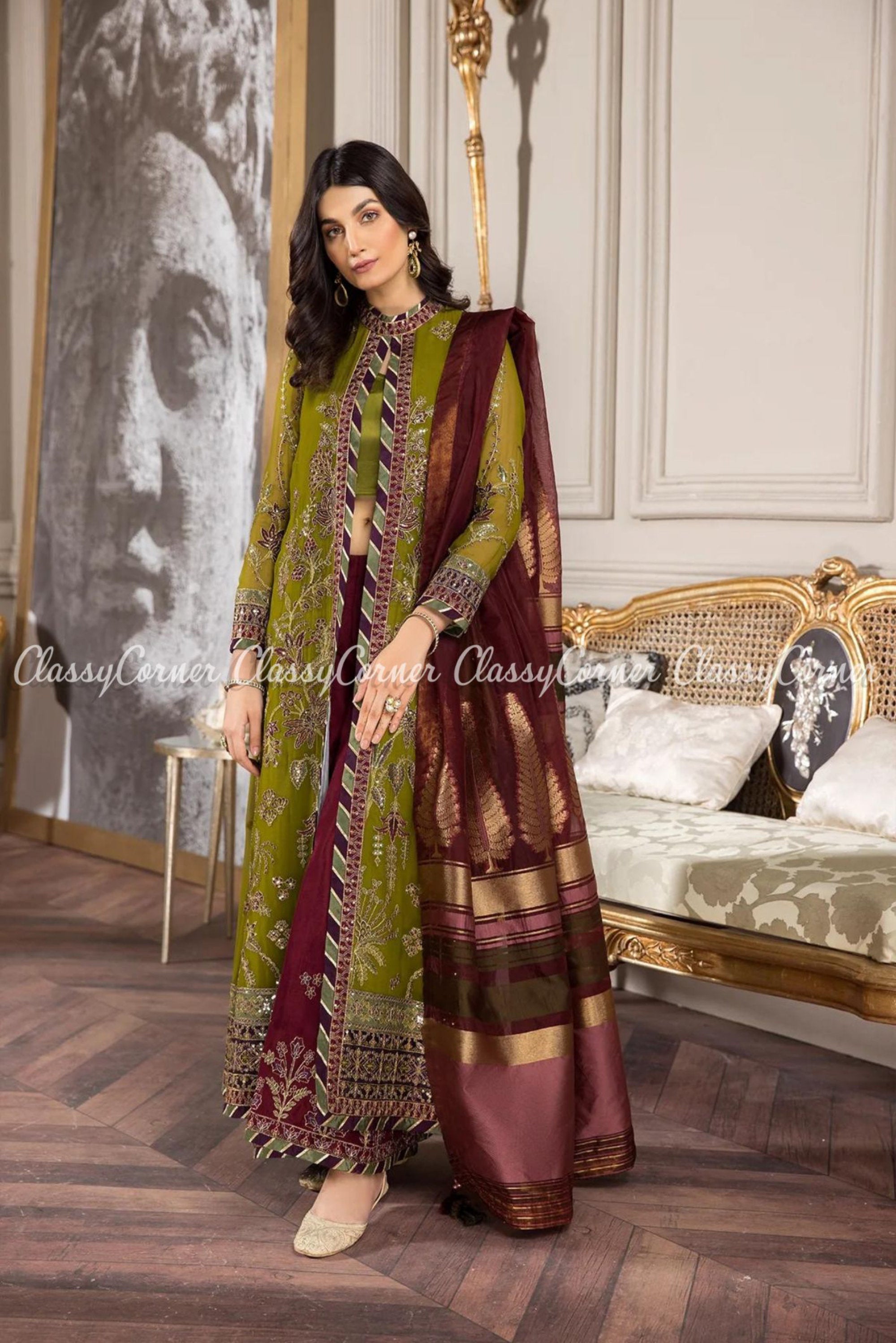 Olive Green Red Chiffo Embroidered Party Wear Salwar Kameez - Classy Corner
