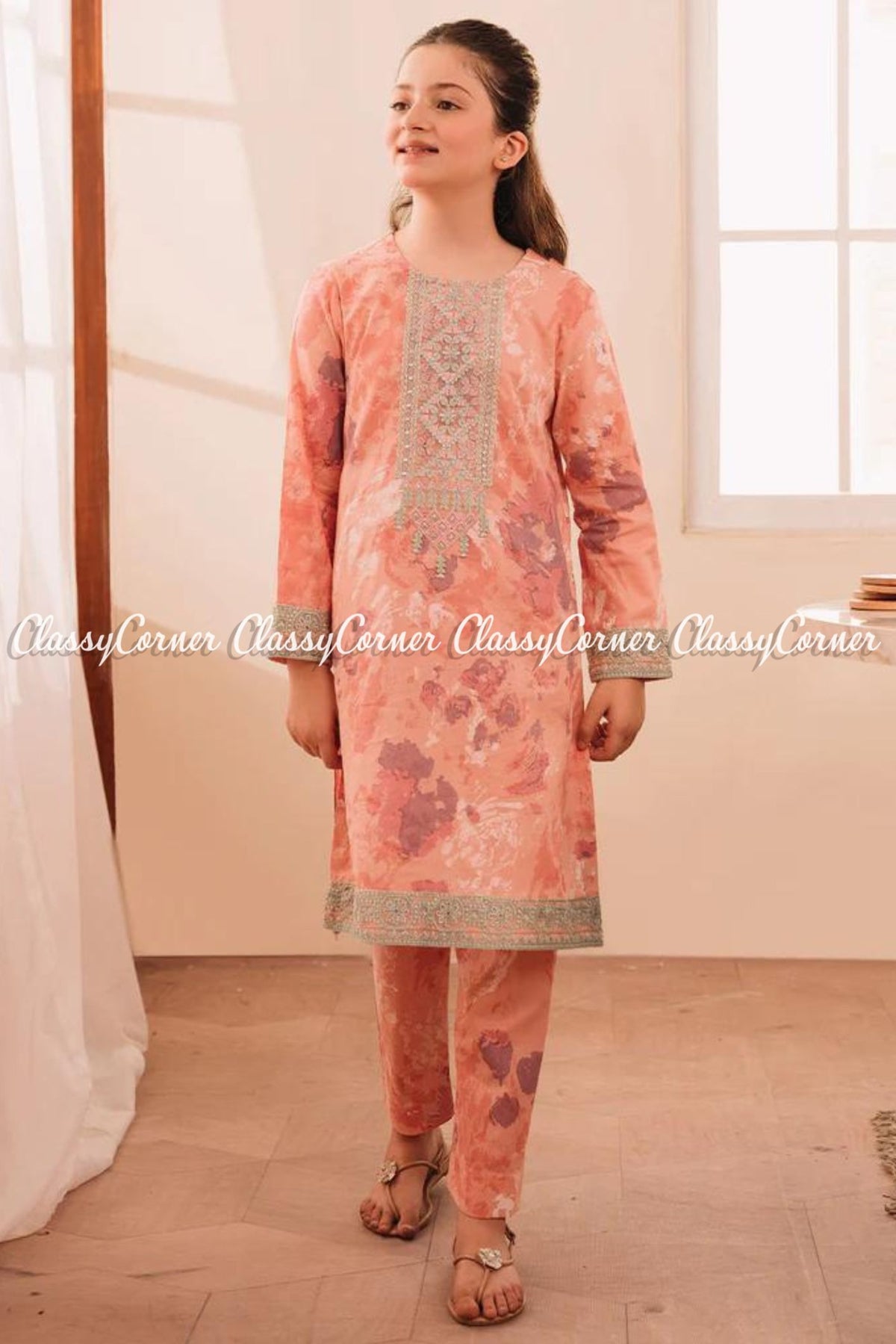 Peach Printed Lawn Girls 2PC Suit