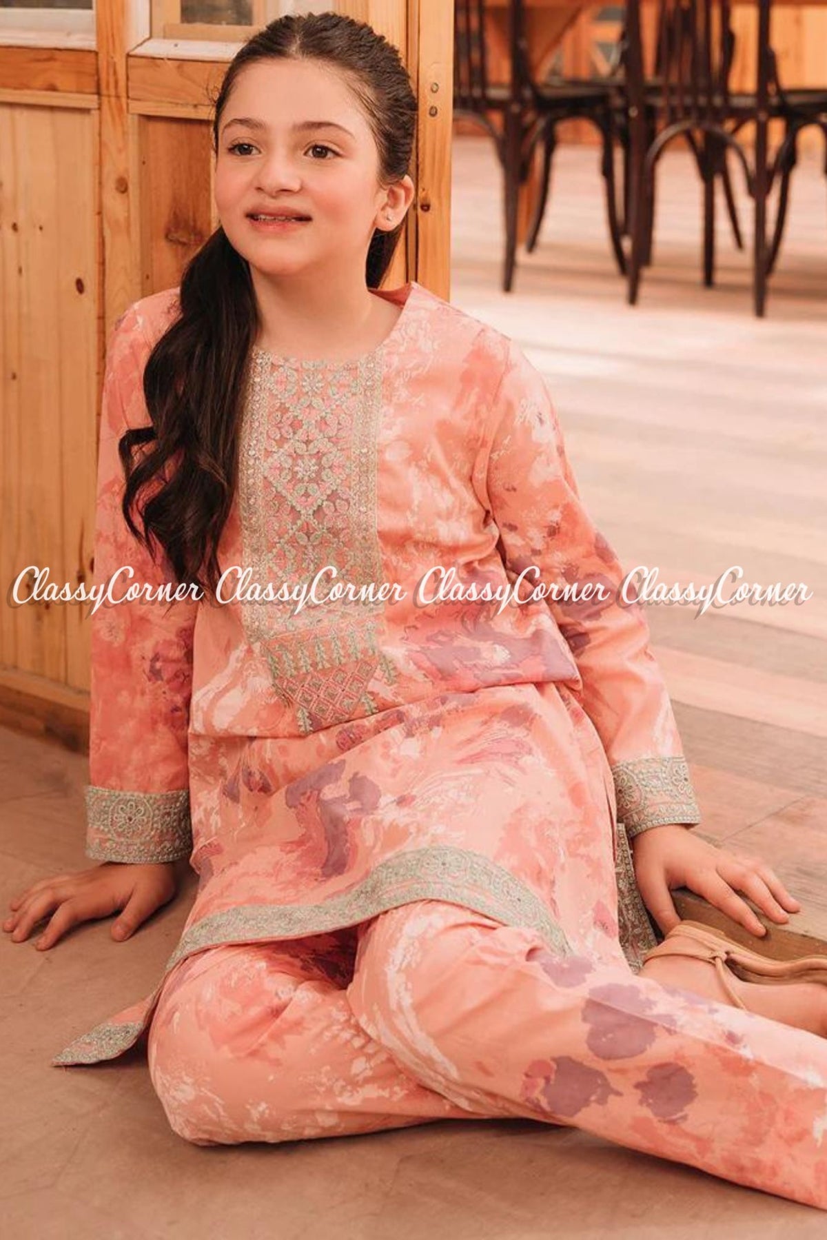 Peach Printed Lawn Girls 2PC Suit