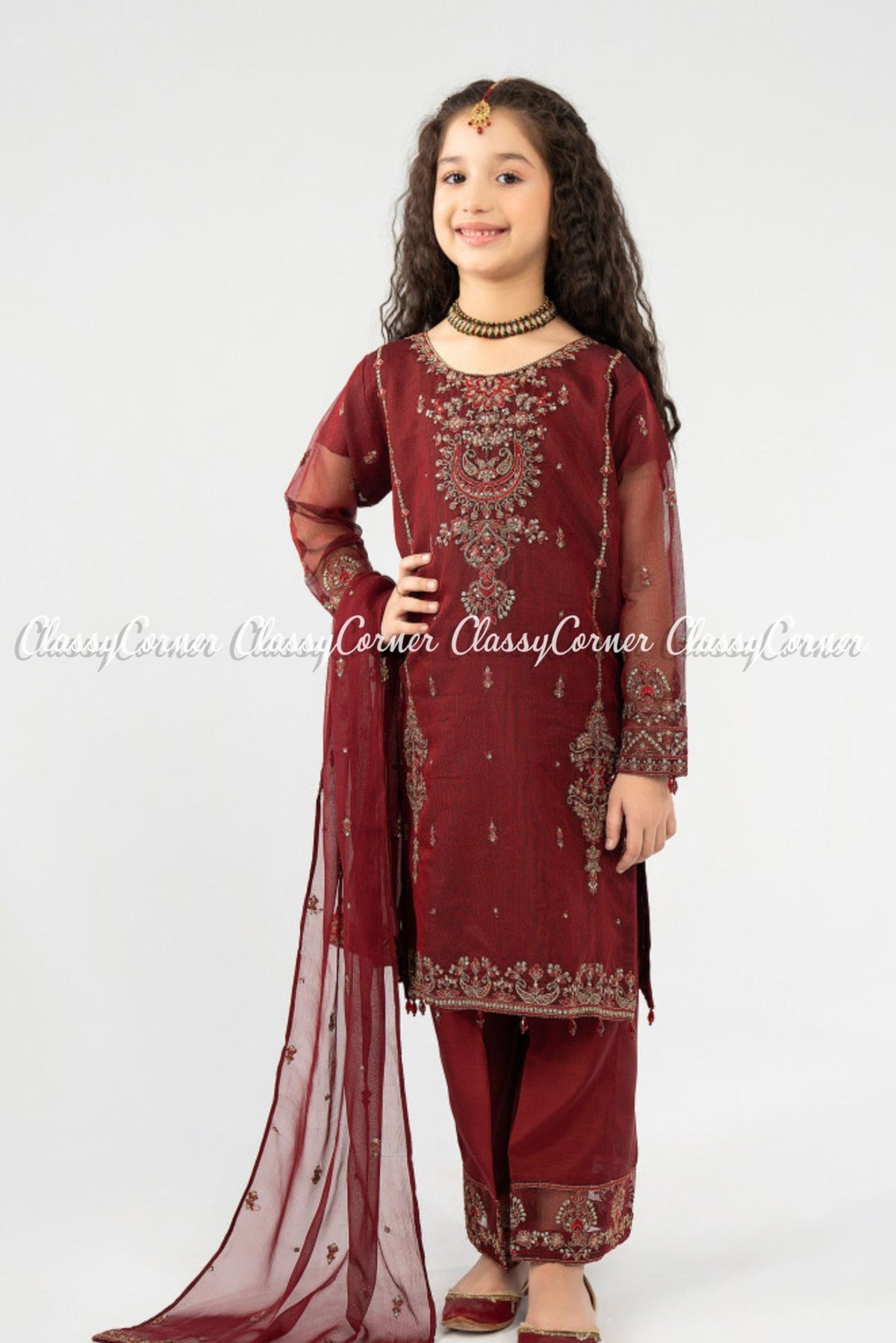 Girl&#39;s Maroon Organza Net Embroidered Suit - Classy Corner