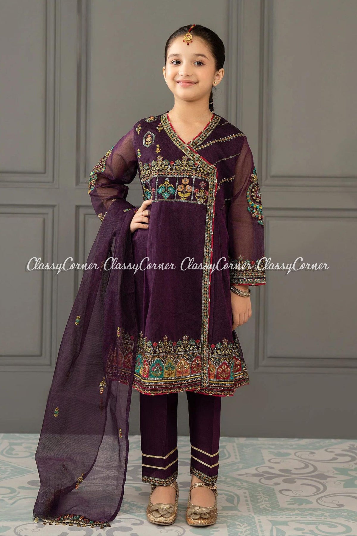 Purple Net Embroidered Girl&#39;s Outfit