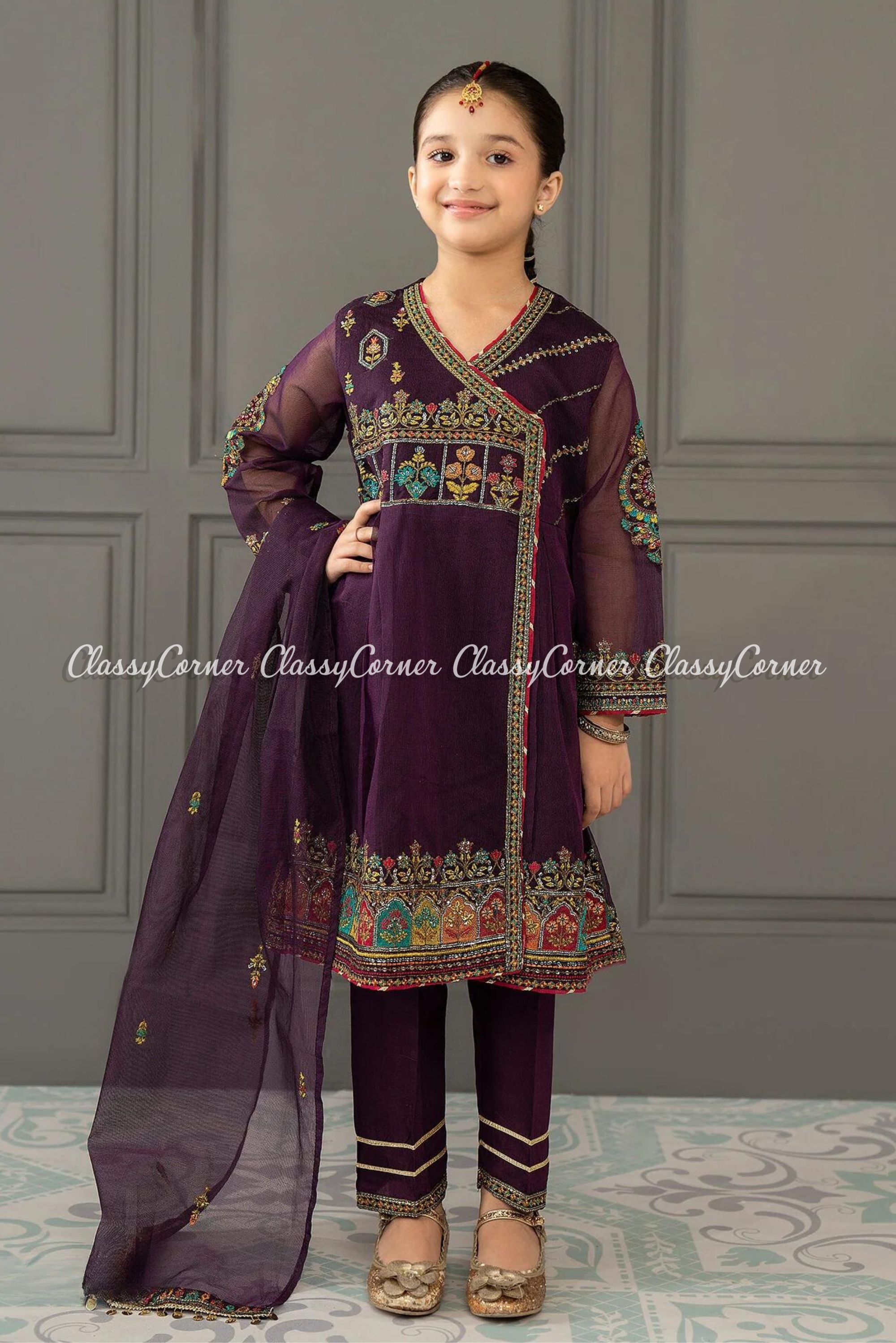 Purple Net Embroidered Girl's Outfit