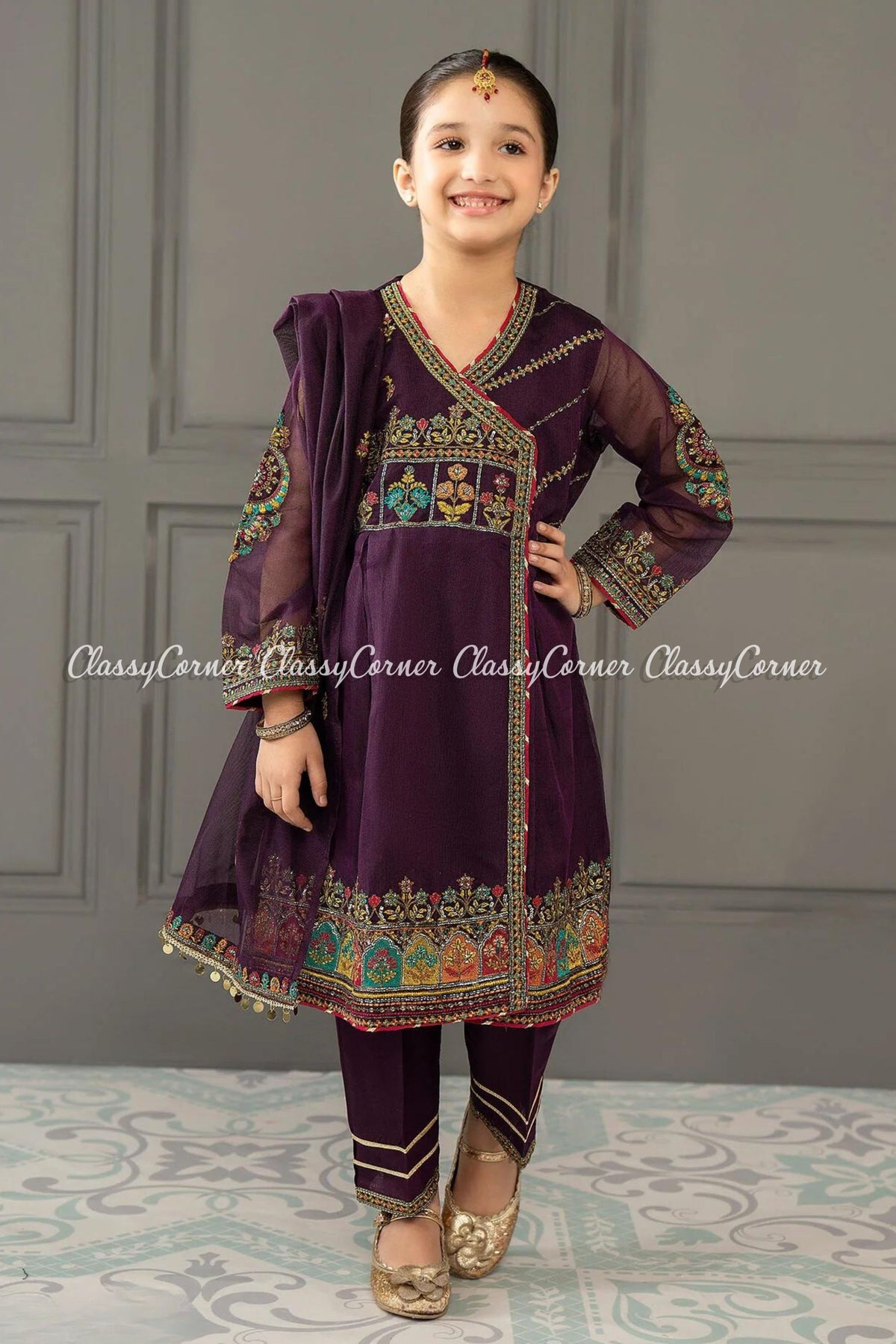 Purple Net Embroidered Girl&#39;s Outfit