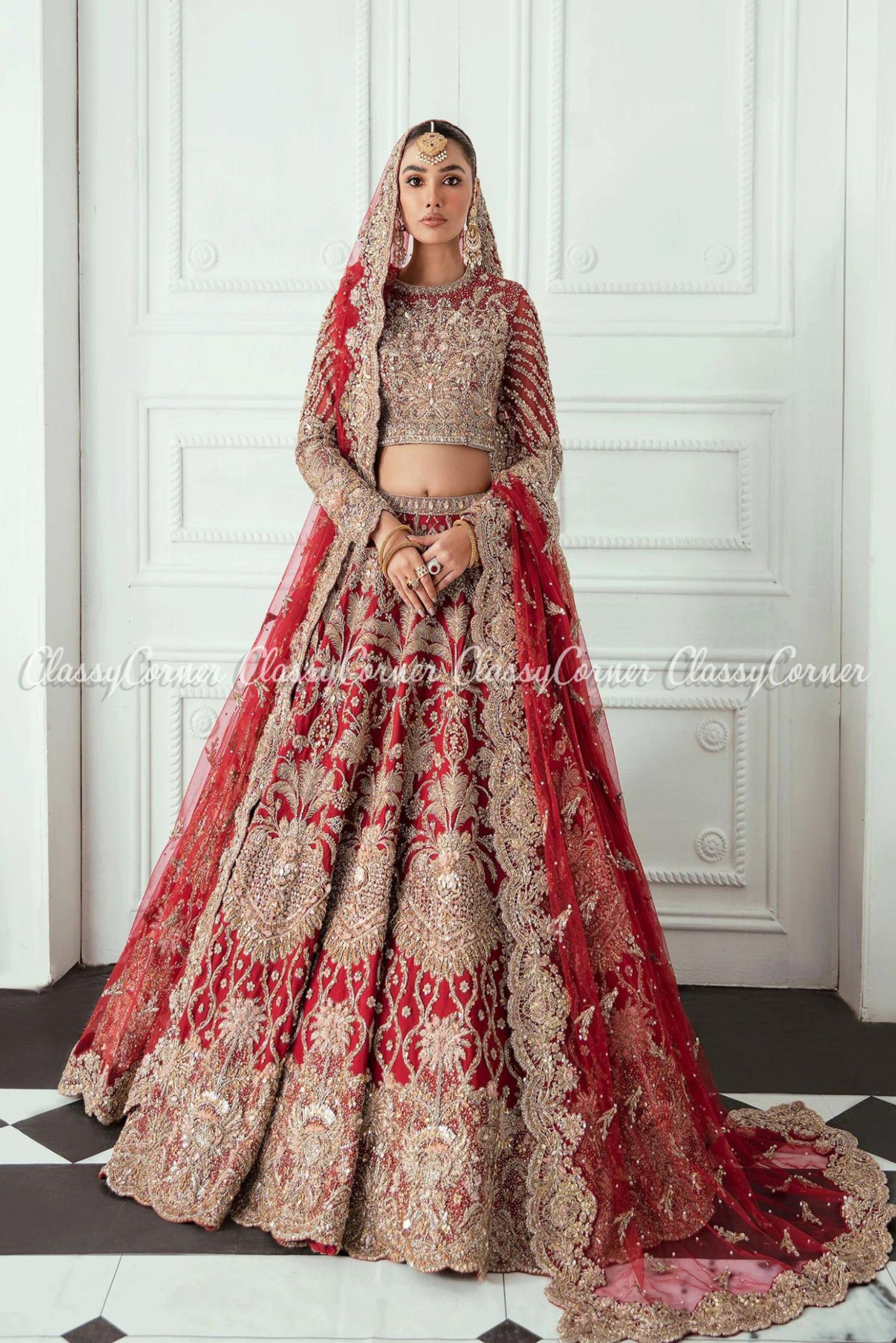 Red Golden Embellished Wedding Wear Lehenga