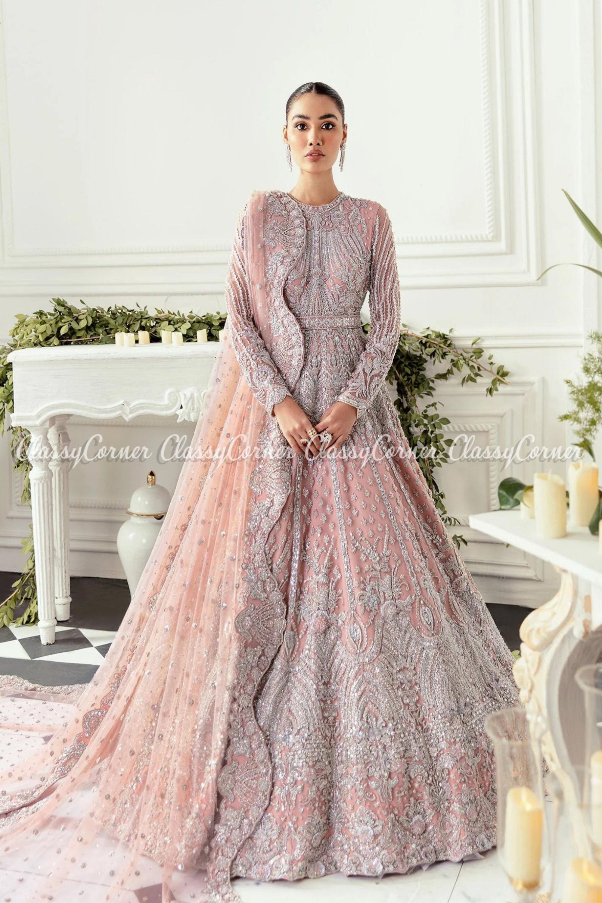 Soft Pink Silver Embellished Bridal Gown Dress