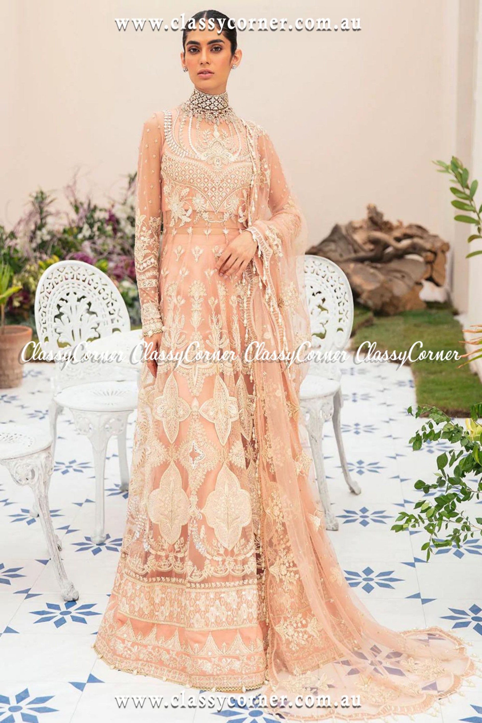 Peach Net Embroidered Party Dress - Classy Corner
