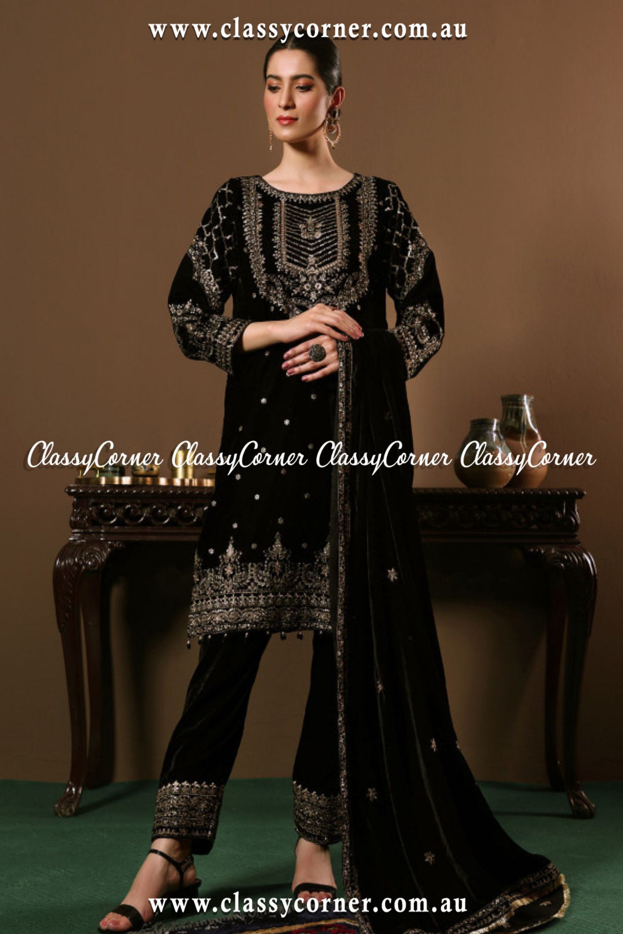 Elegant Embroidered Velvet Party Wear Dress - Classy Corner