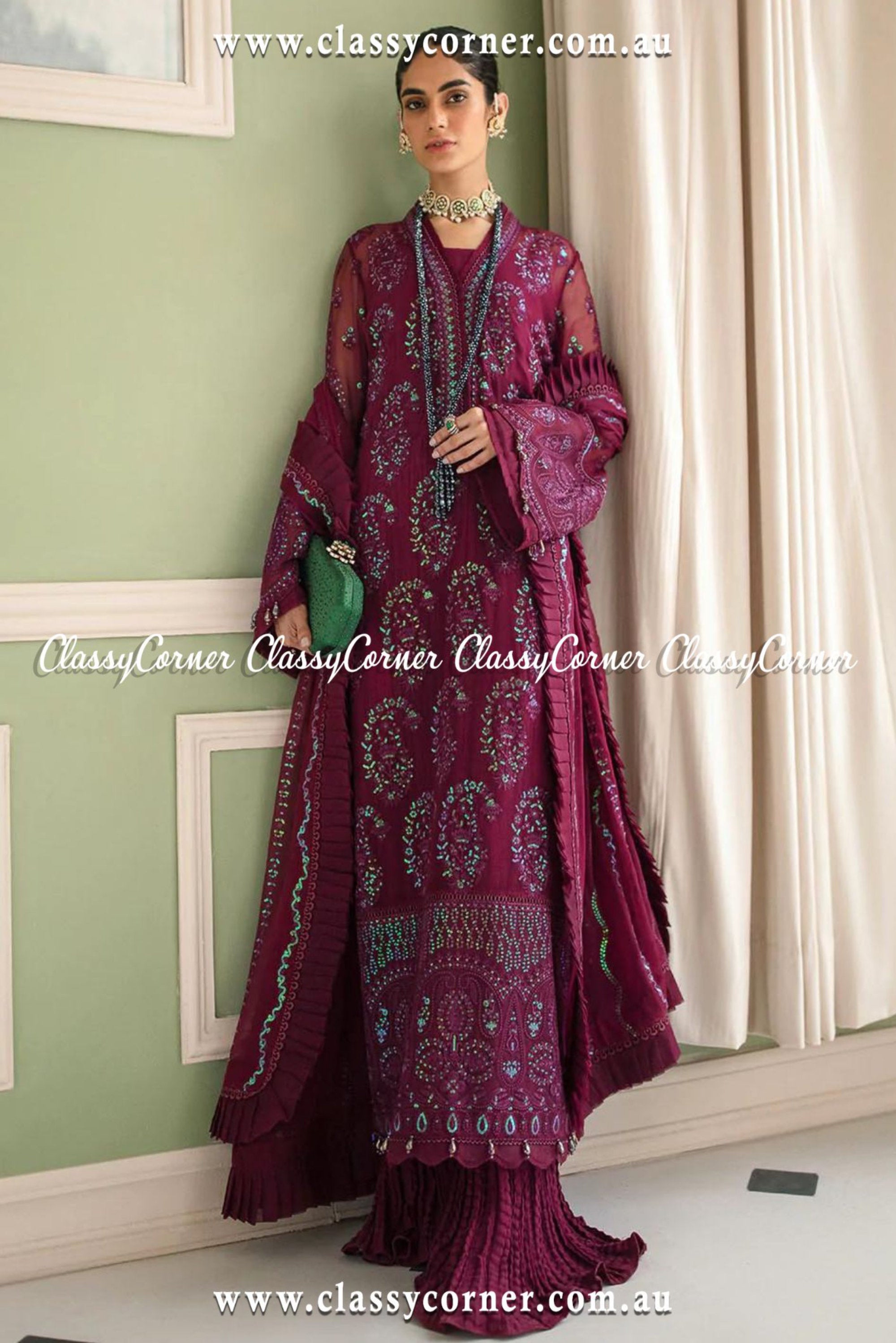 Plum Embroidered Chiffon Eid Outfit - Classy Corner
