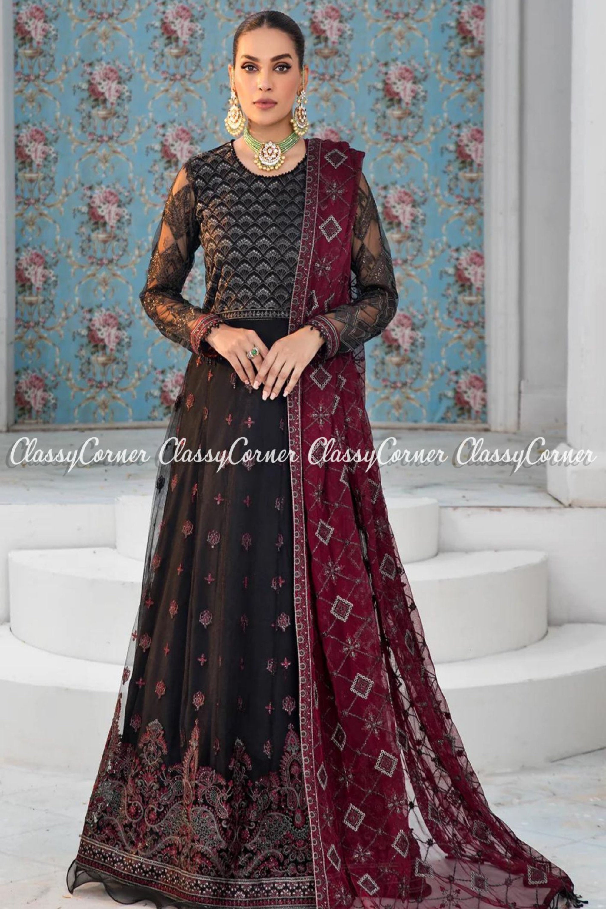 Fancy Black Red Net Embroidered Party Gown - Classy Corner