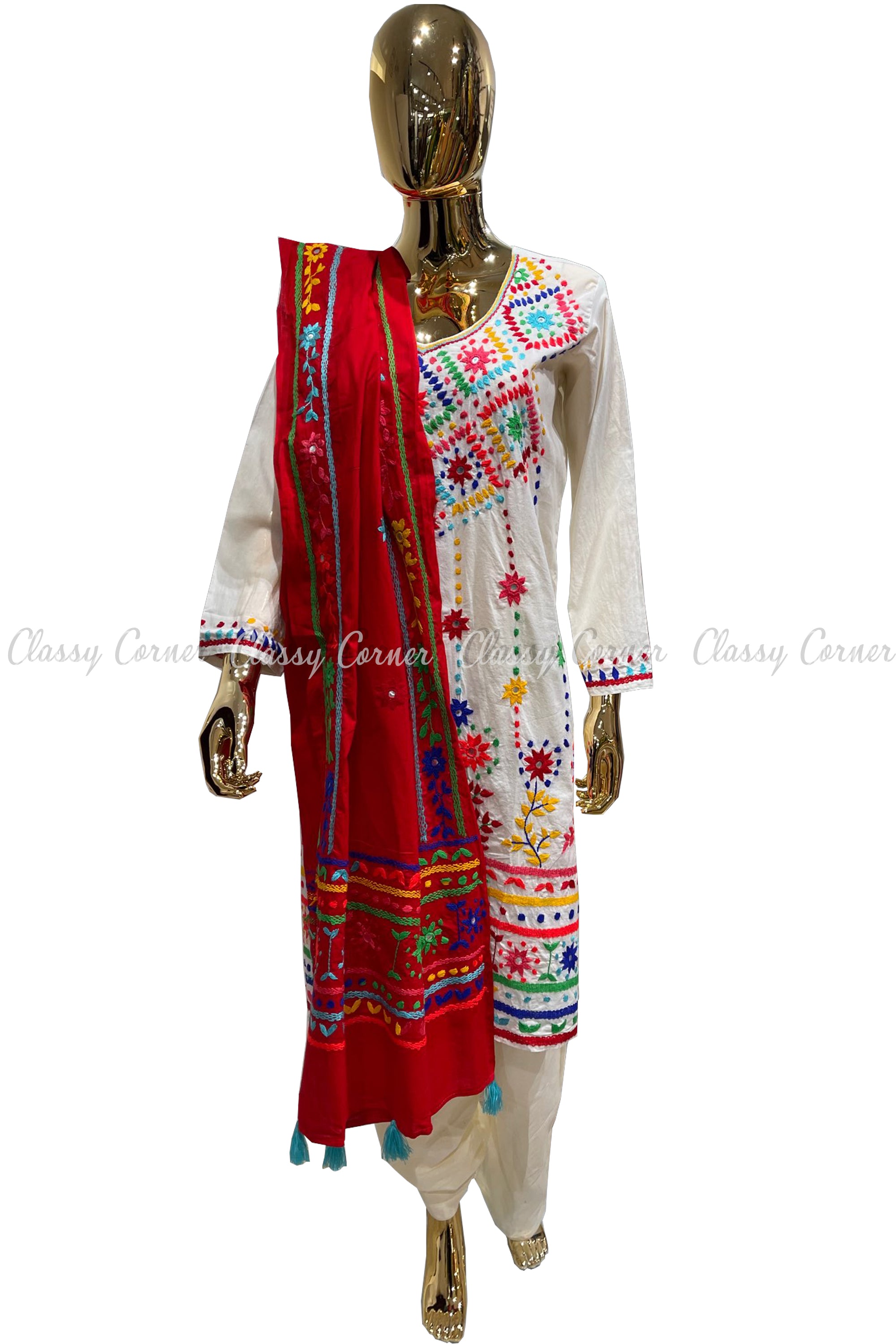 White Red Hand Embroidered Cotton Salwar Kameez Set - Classy Corner