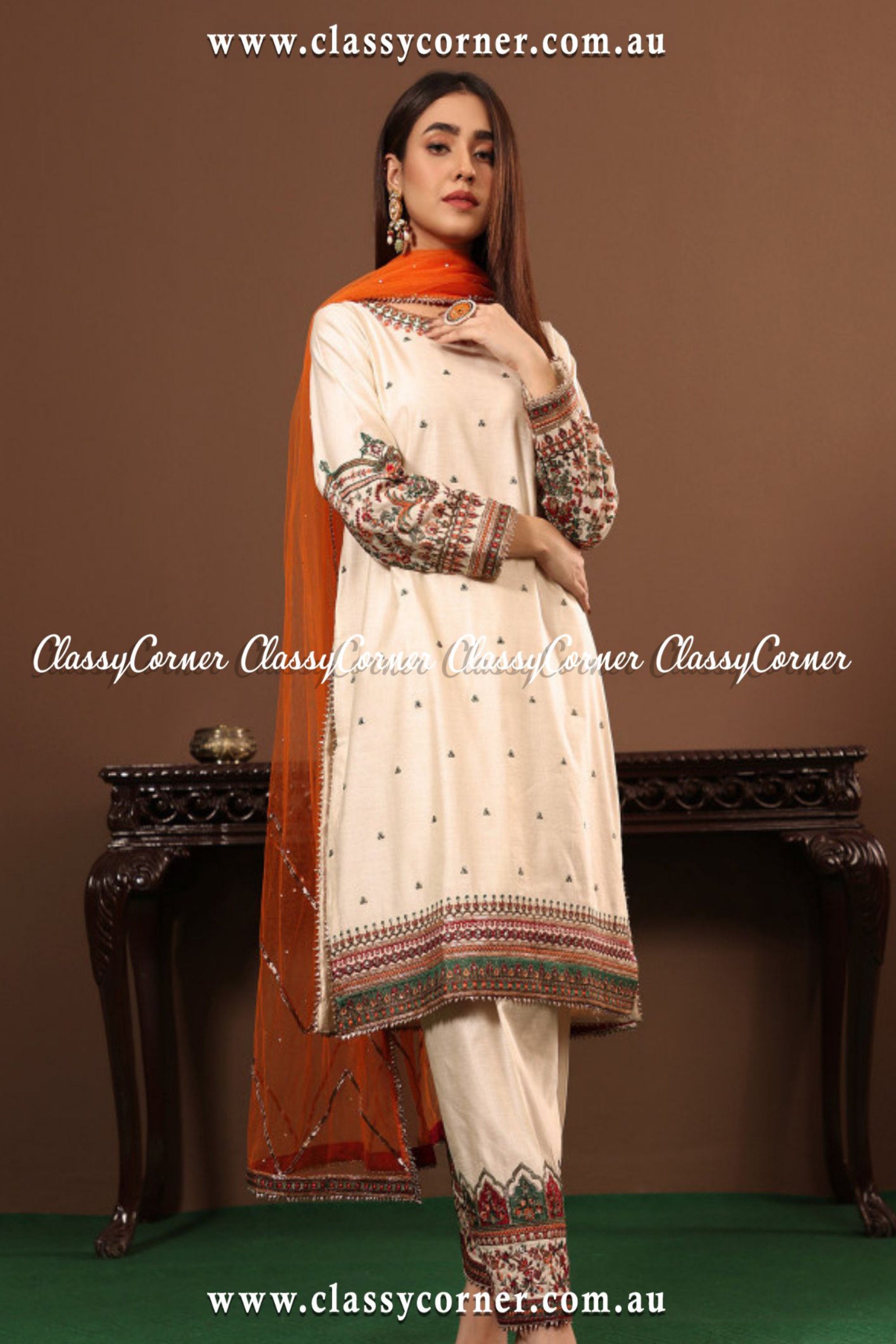 3 Piece Chambray Katan Embroidered Suit - Classy Corner