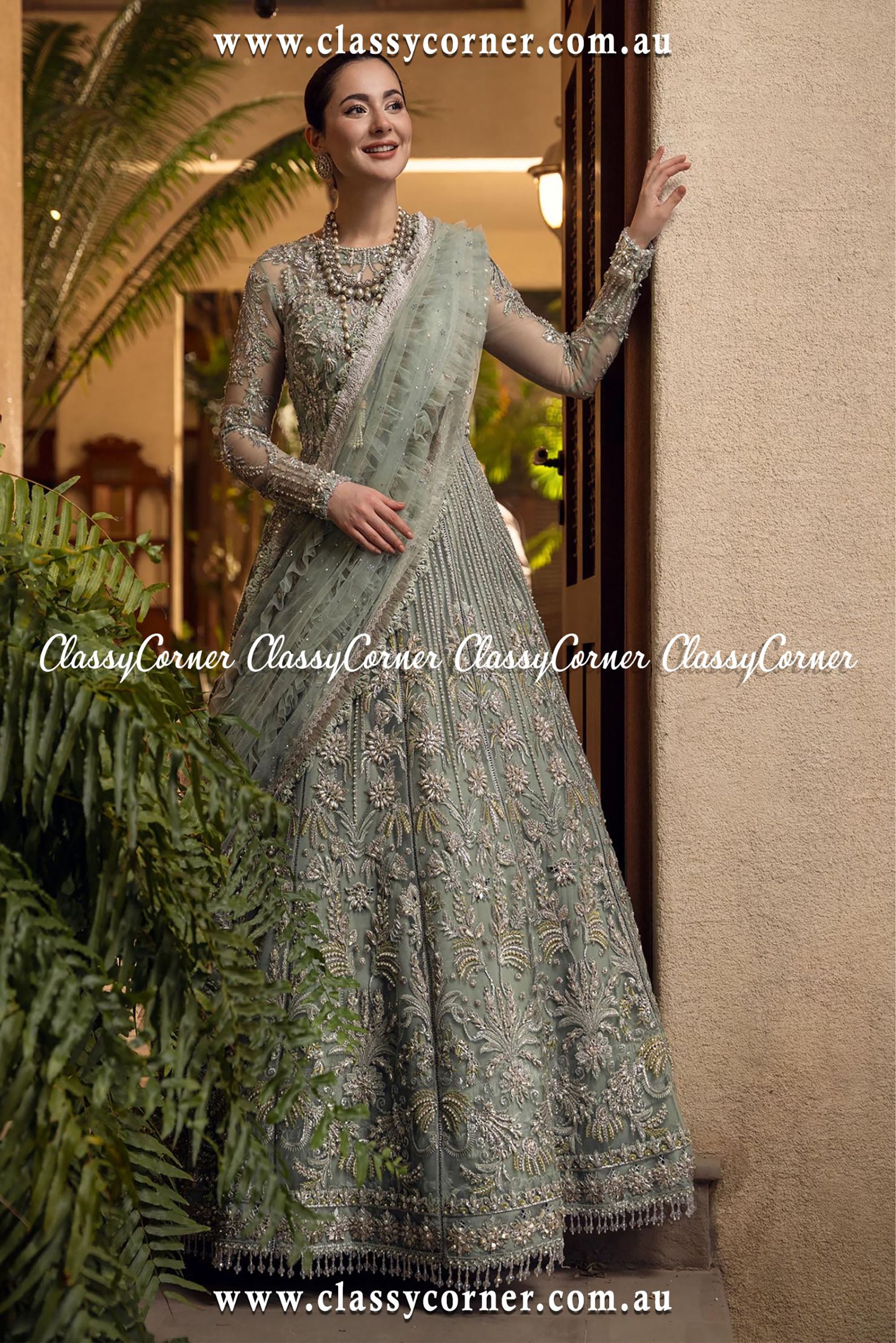 Aqua Pistachio Pakistani Wedding Gown - Classy Corner