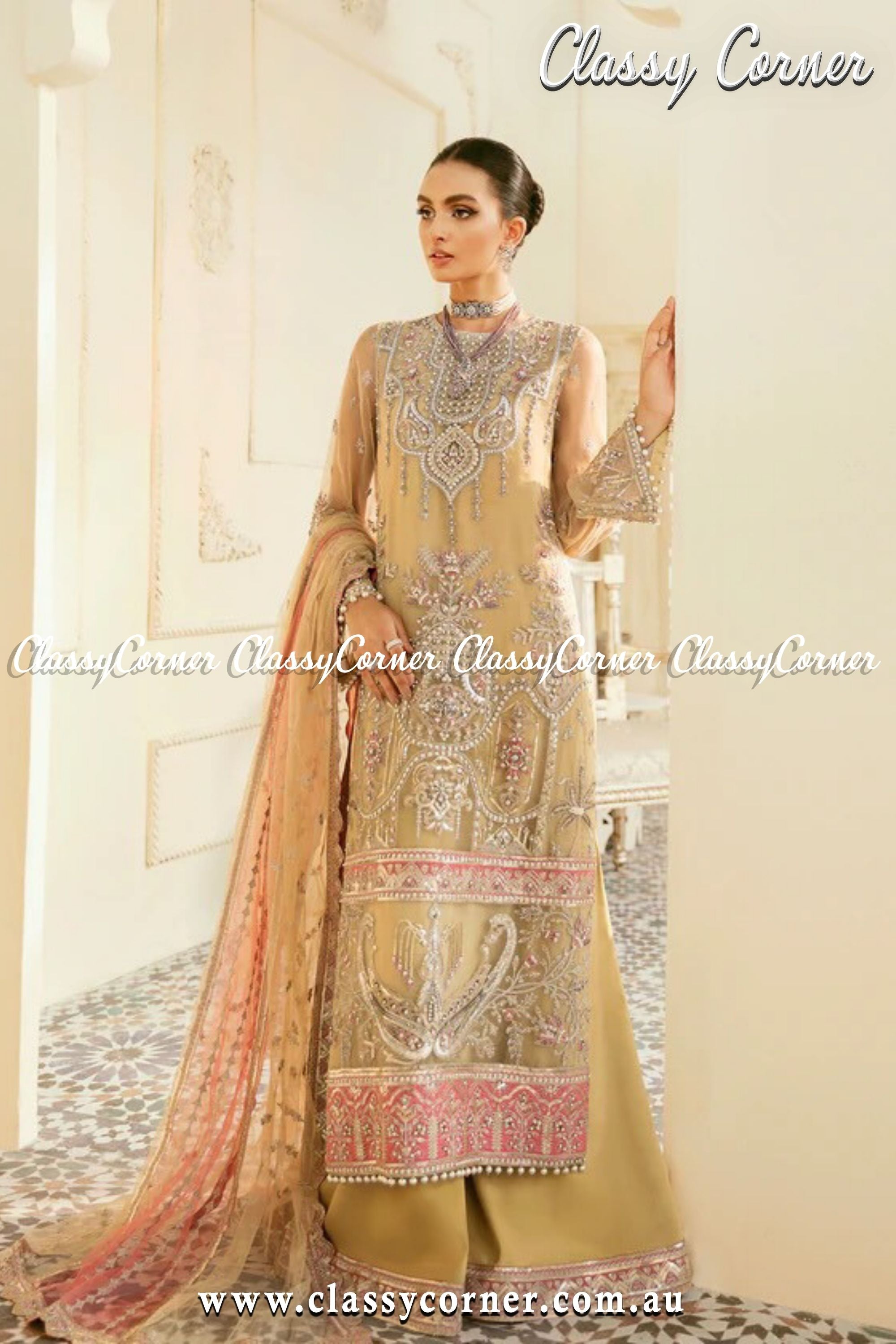 Beige Pink Pakistani Palazzo Suit - Classy Corner
