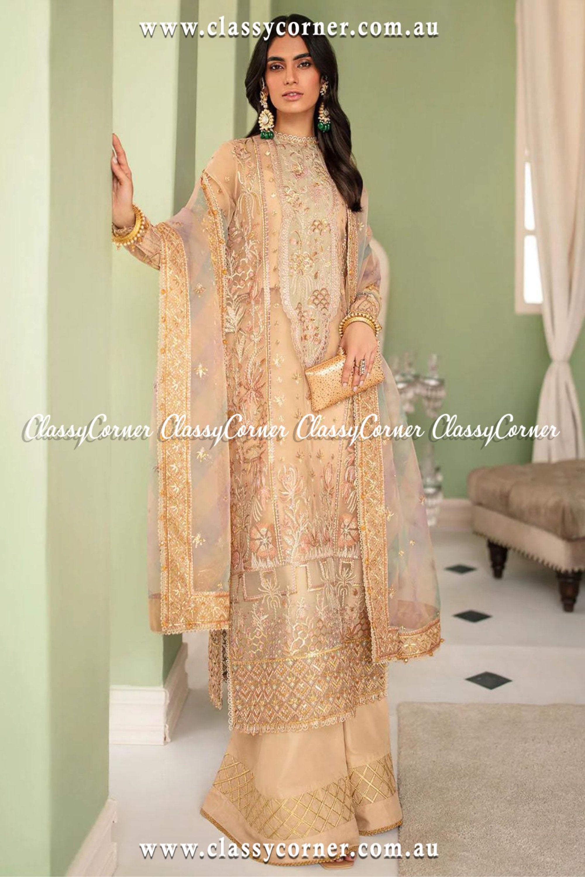 Pakistani Beige Organza Embroidered Outfit - Classy Corner