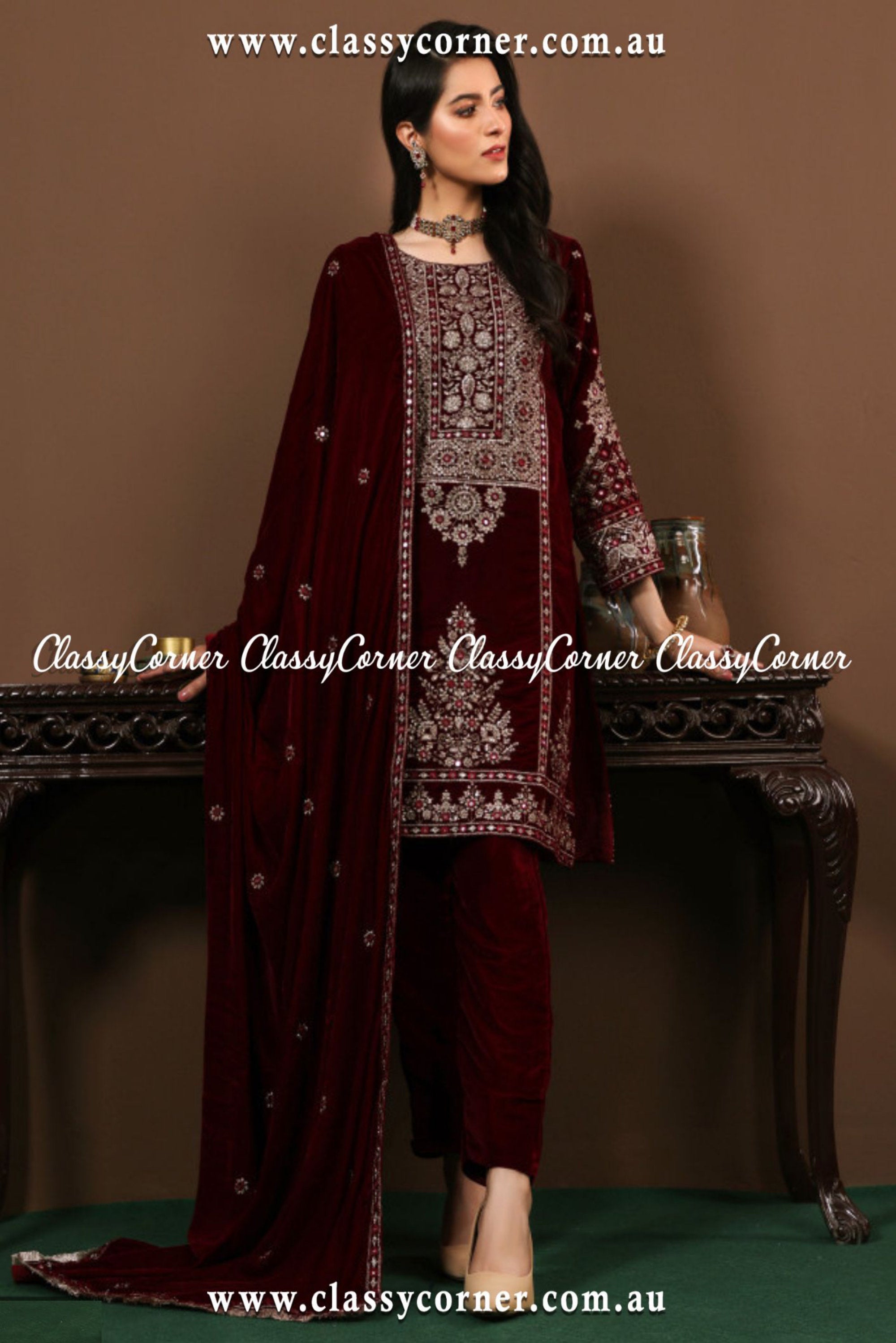 Fancy Maroon Velvet Embroidered Dress - Classy Corner