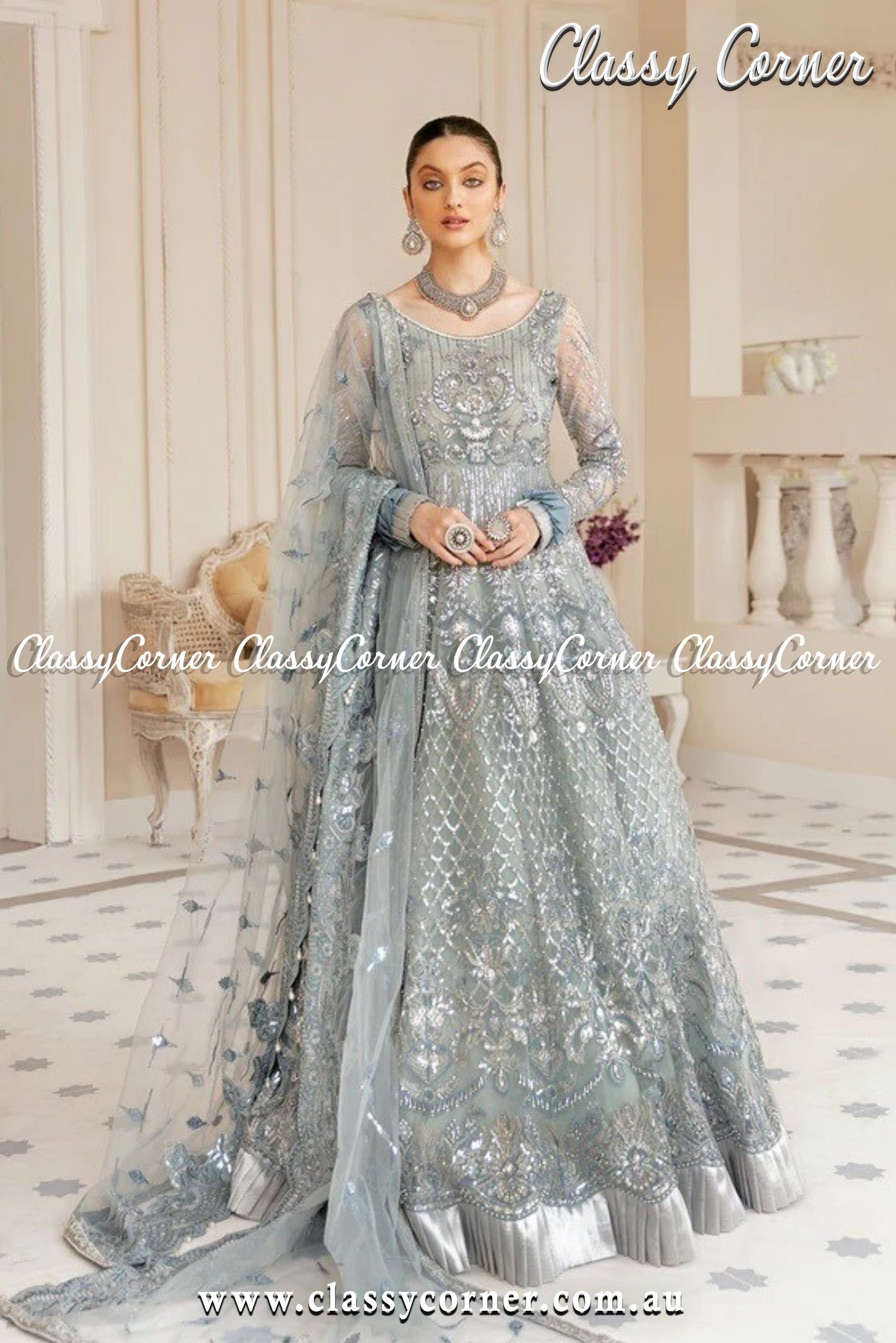 Silver Grey Pakistani Formal Party Gown - Classy Corner