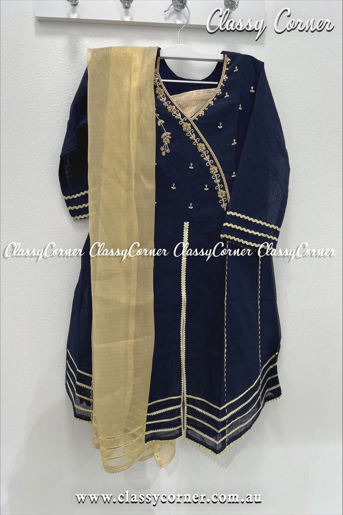 Girls Navy Golden Pakistani Dress - Classy Corner