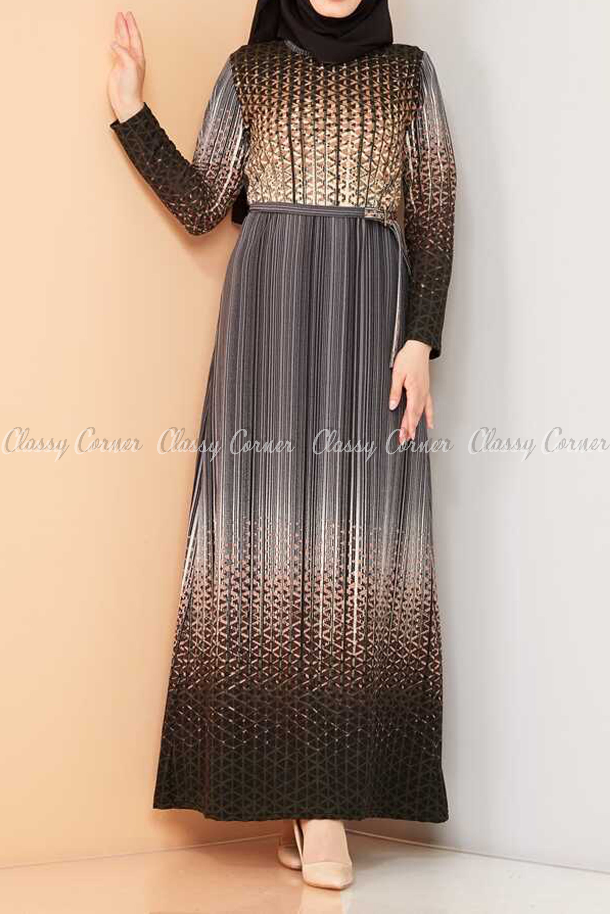 Abstract Pattern Black Modest Long Dress - Classy Corner