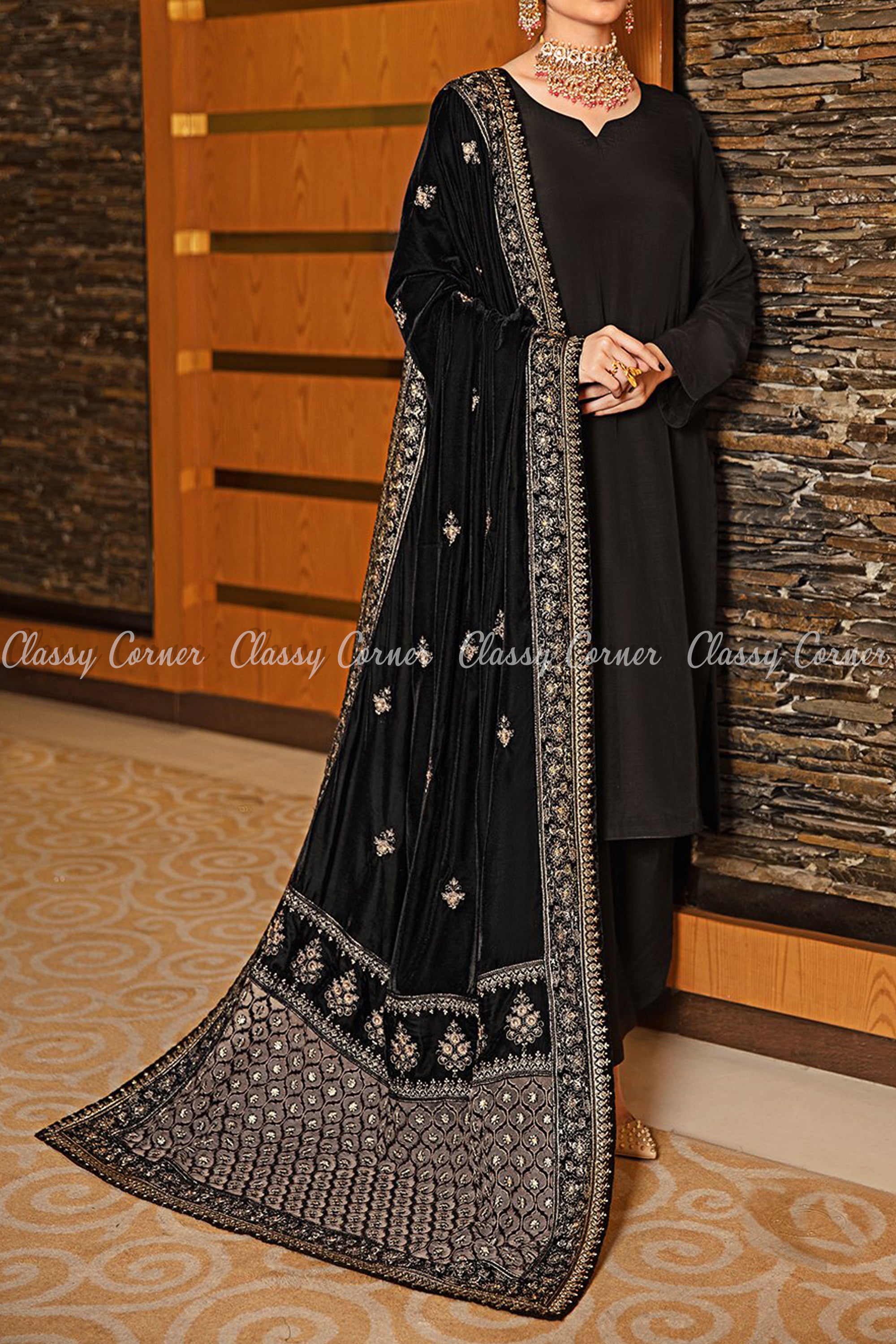 Onyx Black Velvet Shawl Pakistani Formal Salwar Kameez - Classy Corner