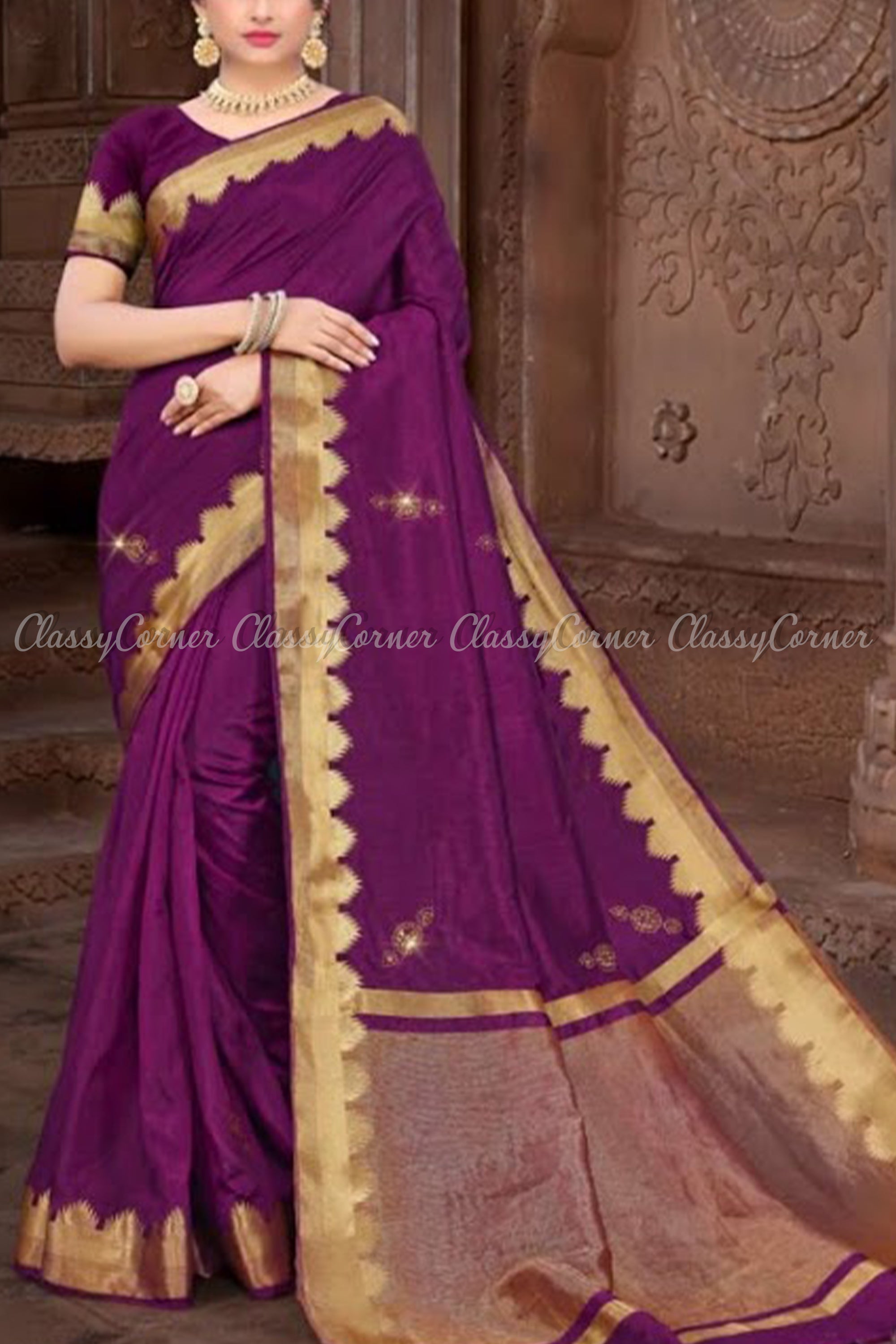 Attractive Purple Violet with Gold Border Vichitra Silk Saree - Classy Corner
