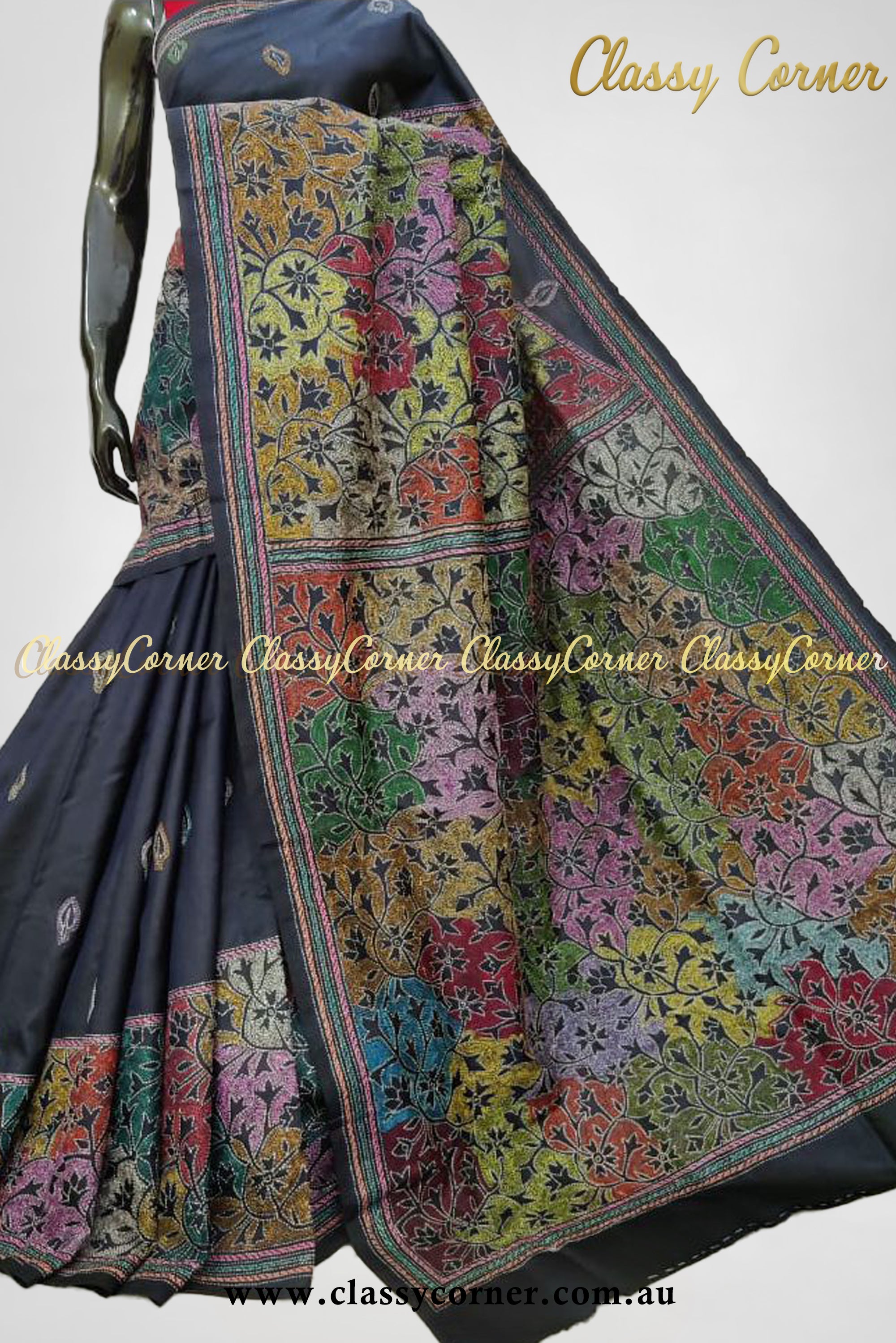 Black Multicolour Pure Silk Kantha Stitch Saree - Classy Corner