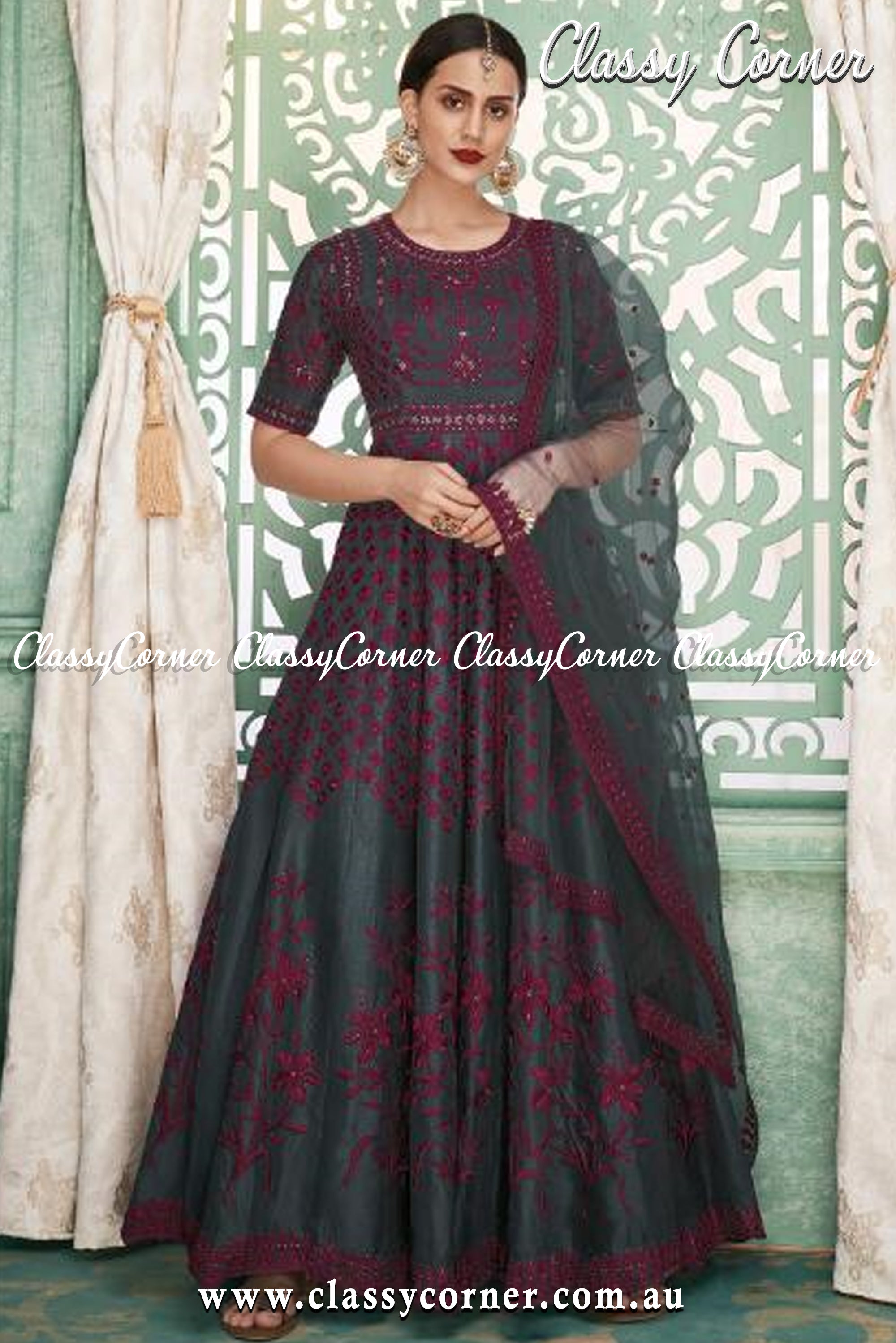 Black Red Silk Gown Dupatta - Classy Corner