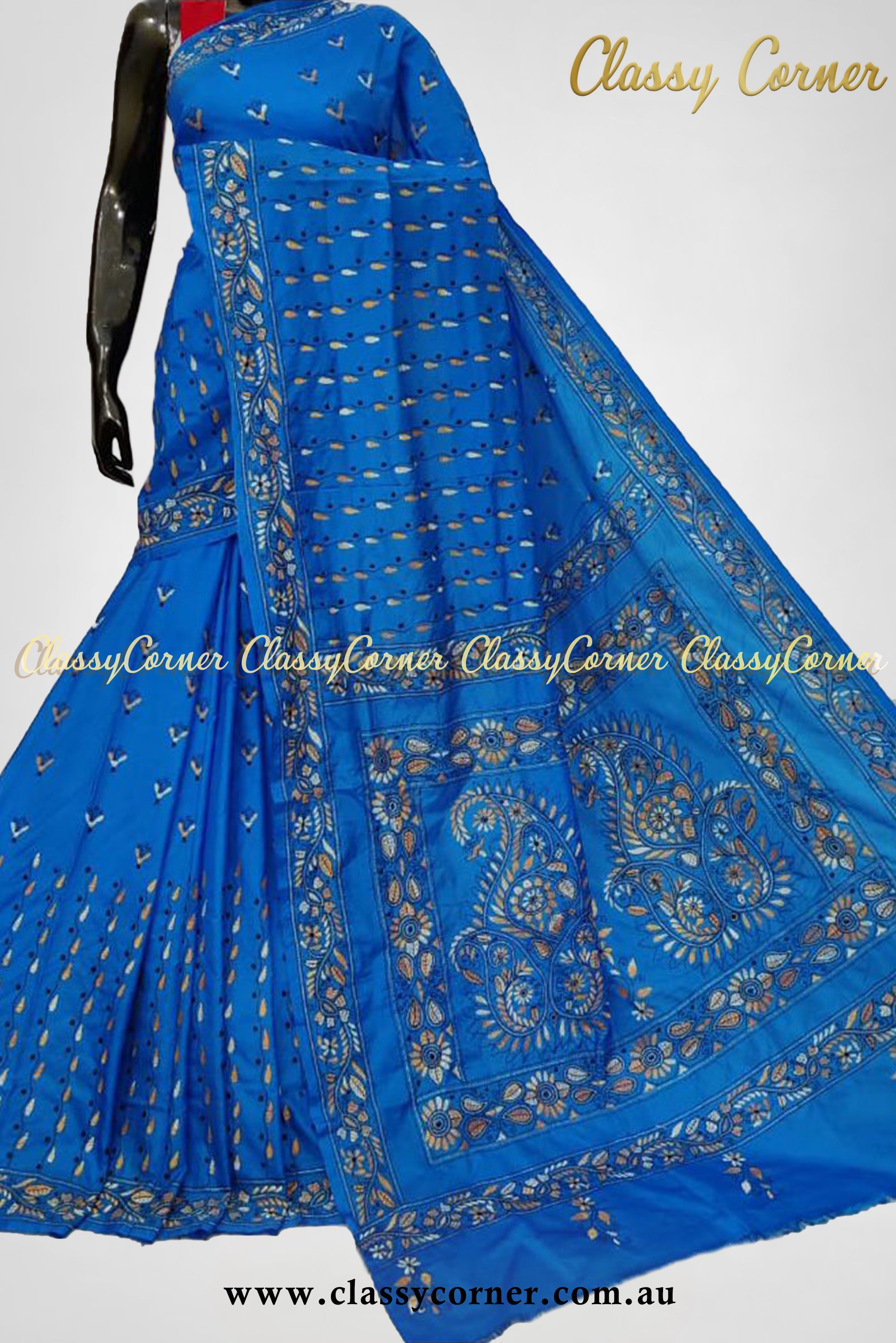 Blue Pure Silk Kantha Stitch Saree - Classy Corner