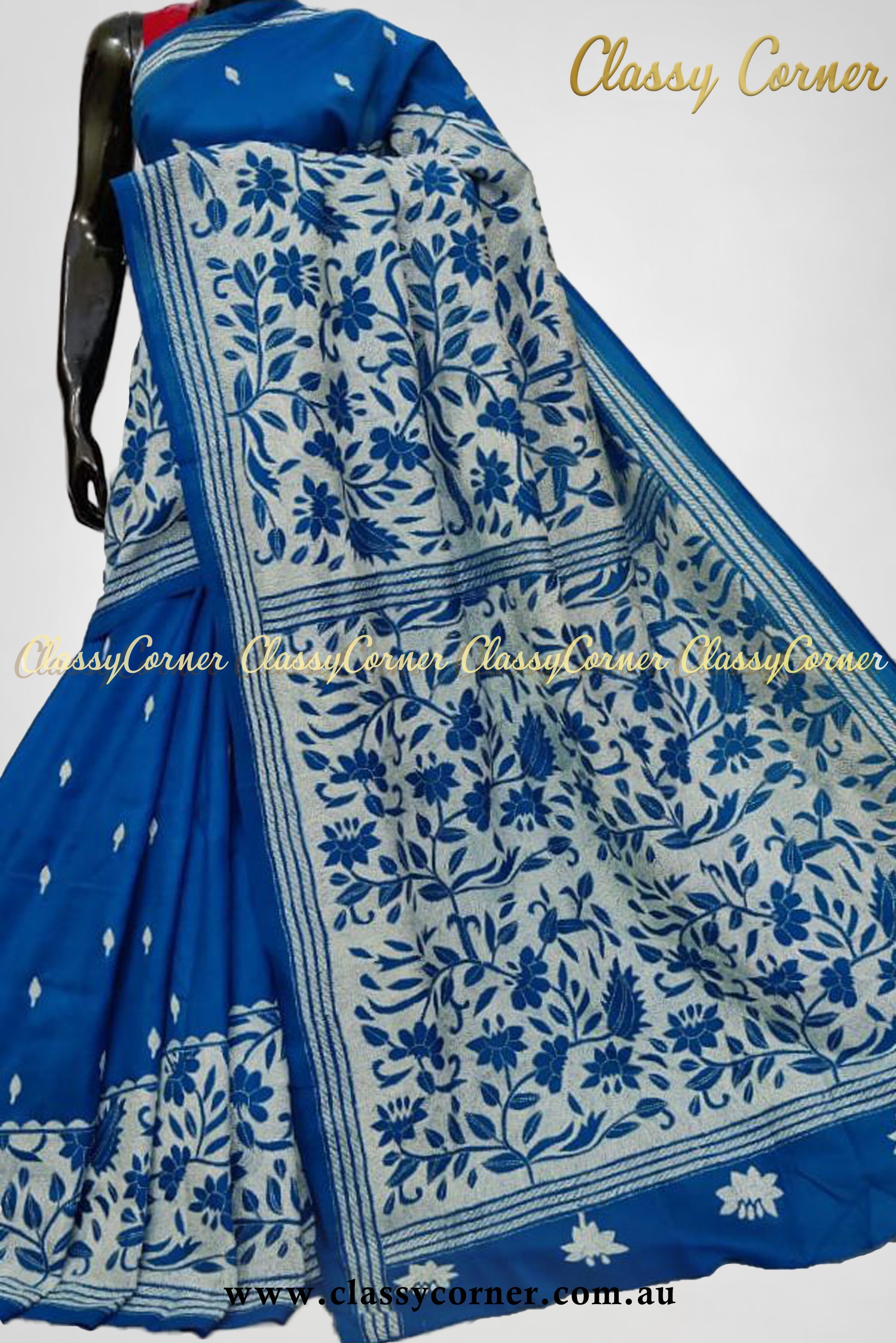 Blue White Pure Silk Kantha Stitch Saree - Classy Corner