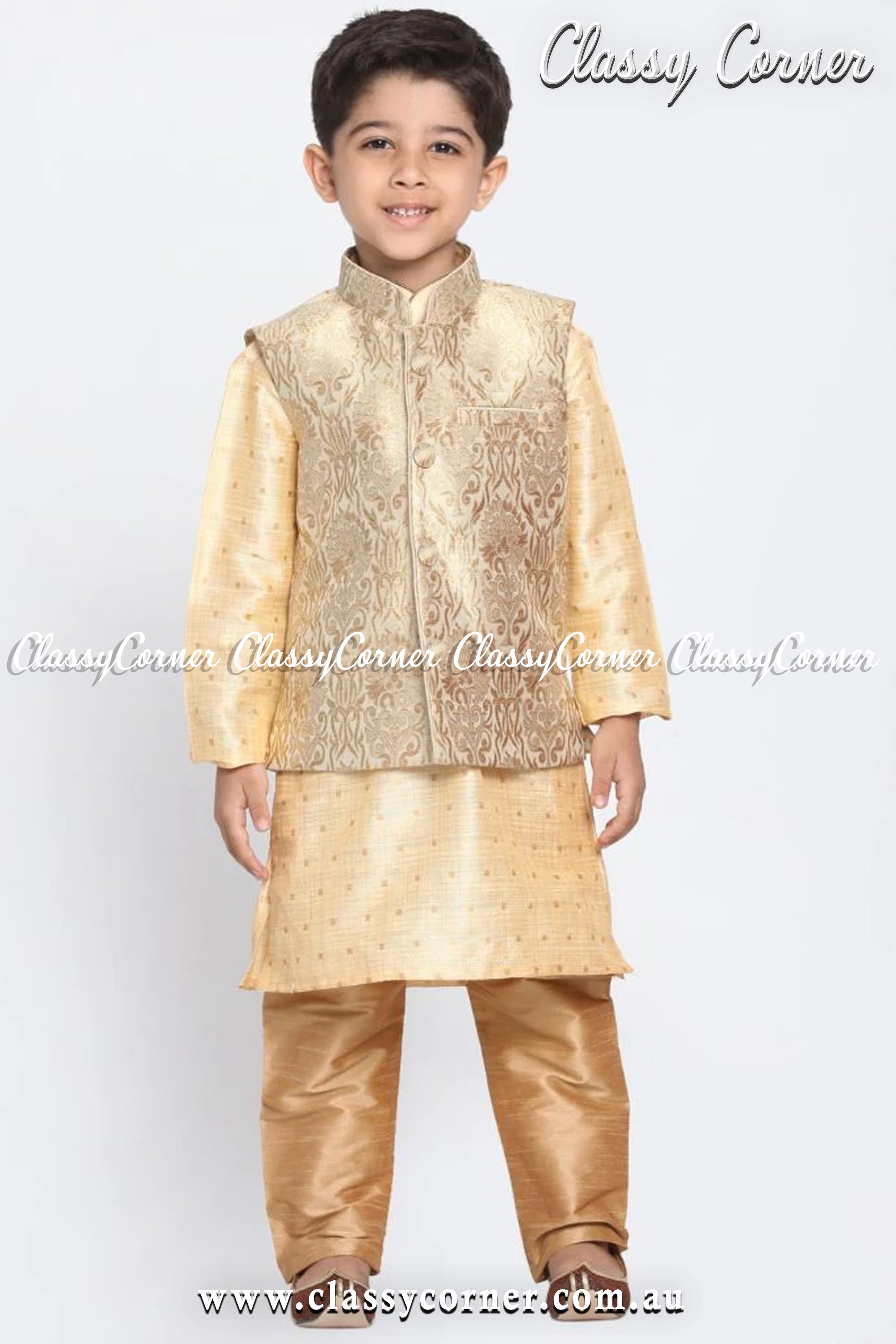 Boy's Beige Kurta Gold Pyjama Vest Set - Classy Corner