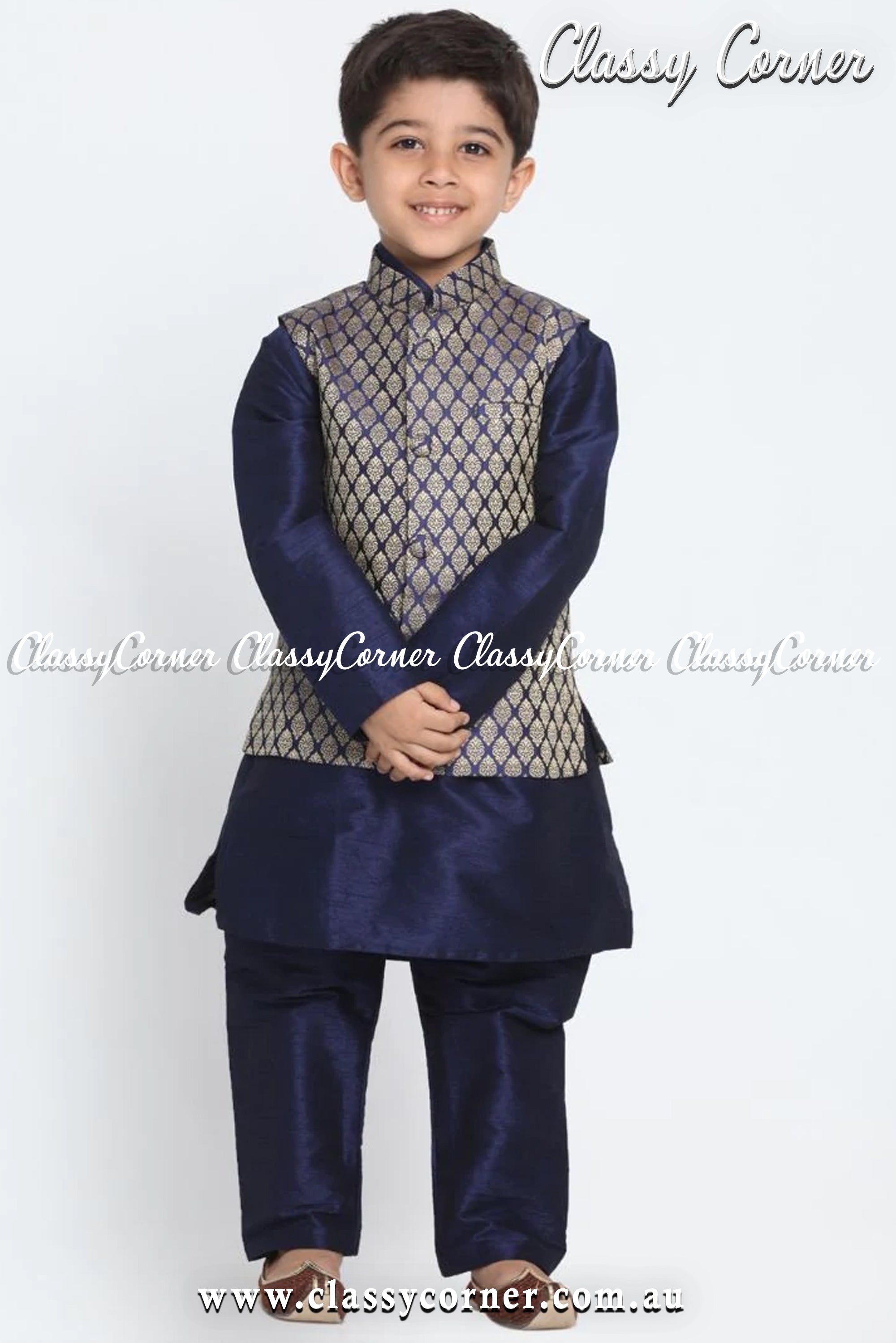 Boy's Blue Indian Kurta Pyjama Beige Vest Set - Classy Corner