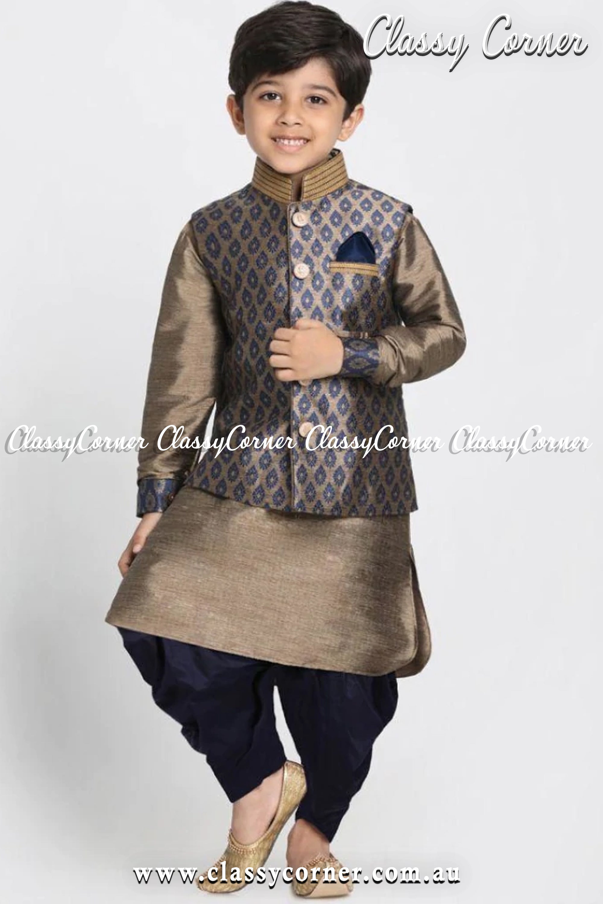 Boy's Copper Navy Blue Indian Kurta Pyjama Vest Set - Classy Corner