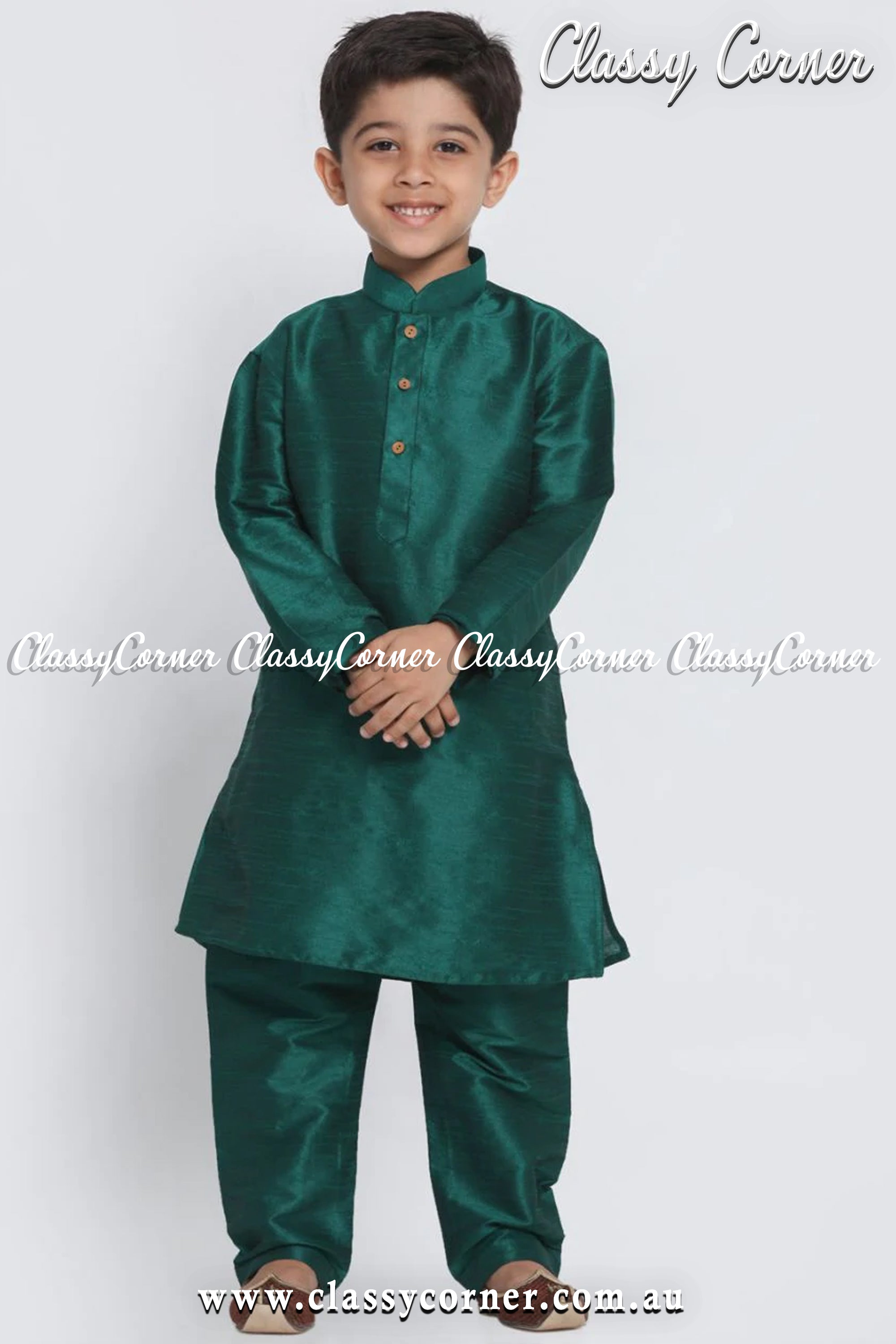 Boy's Emerald Green Kurta Pyjama Set - Classy Corner