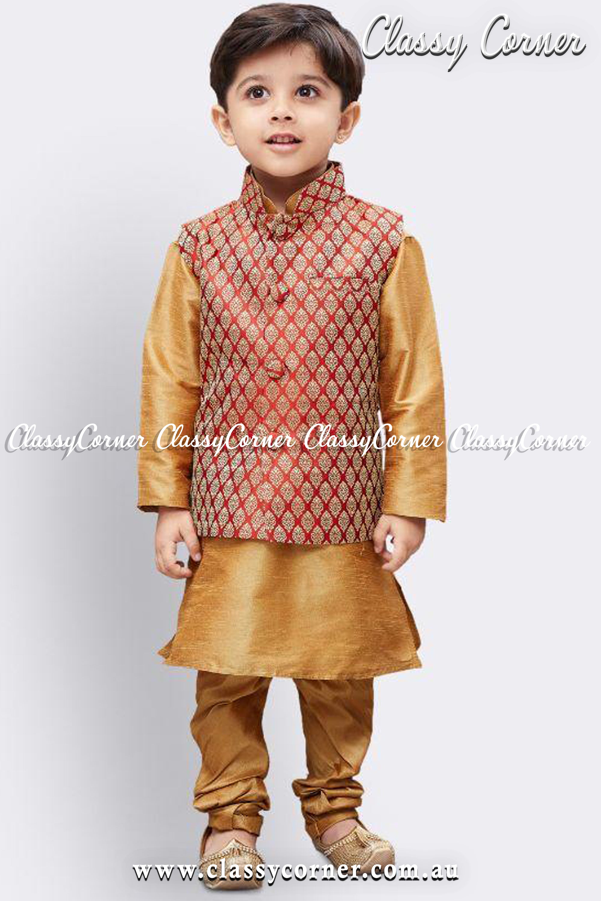 Boy's Gold Kurta Indian Pyjama Red Vest Set - Classy Corner