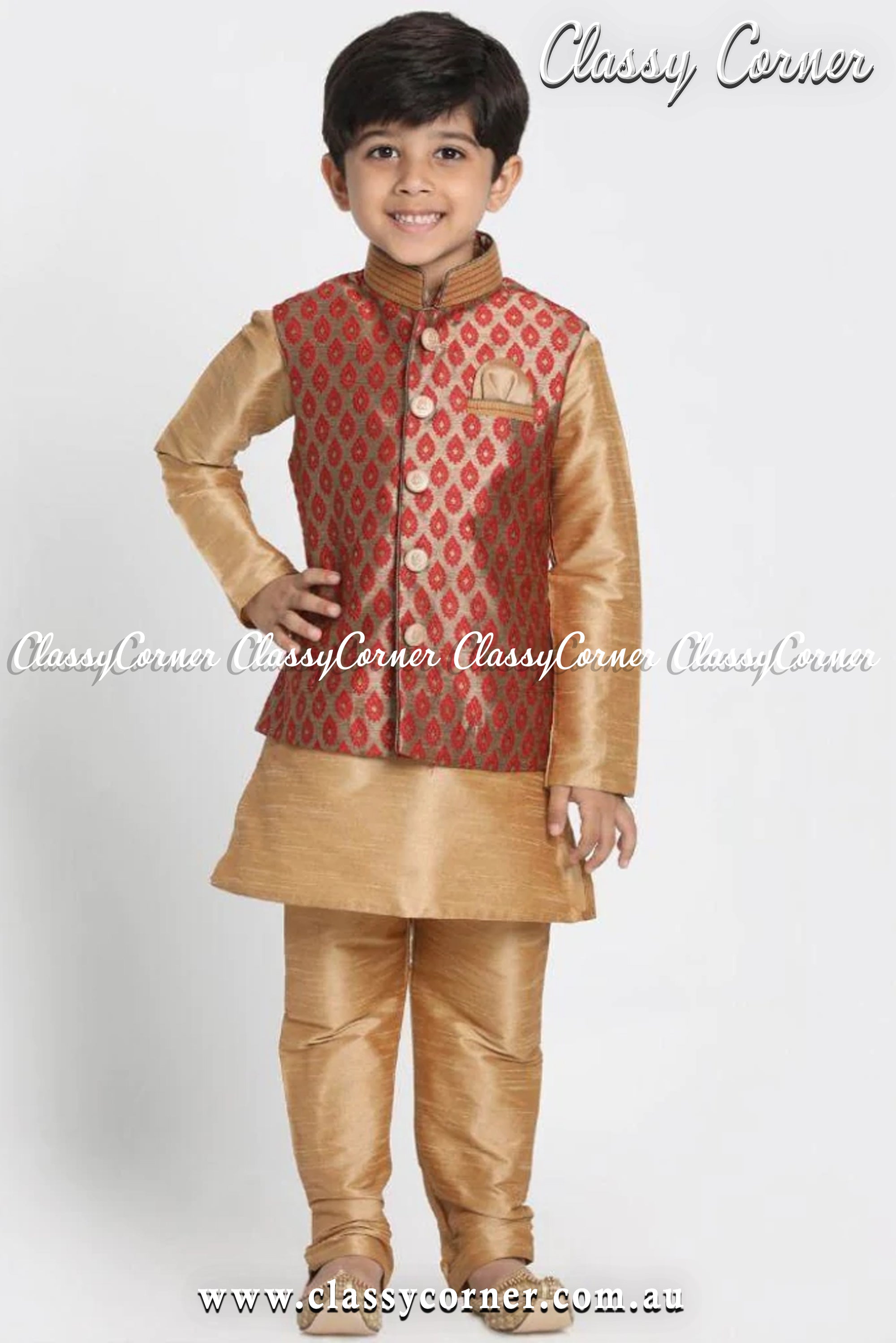 Boy's Gold Maroon Bronze Indian Kurta Pyjama Vest Set - Classy Corner