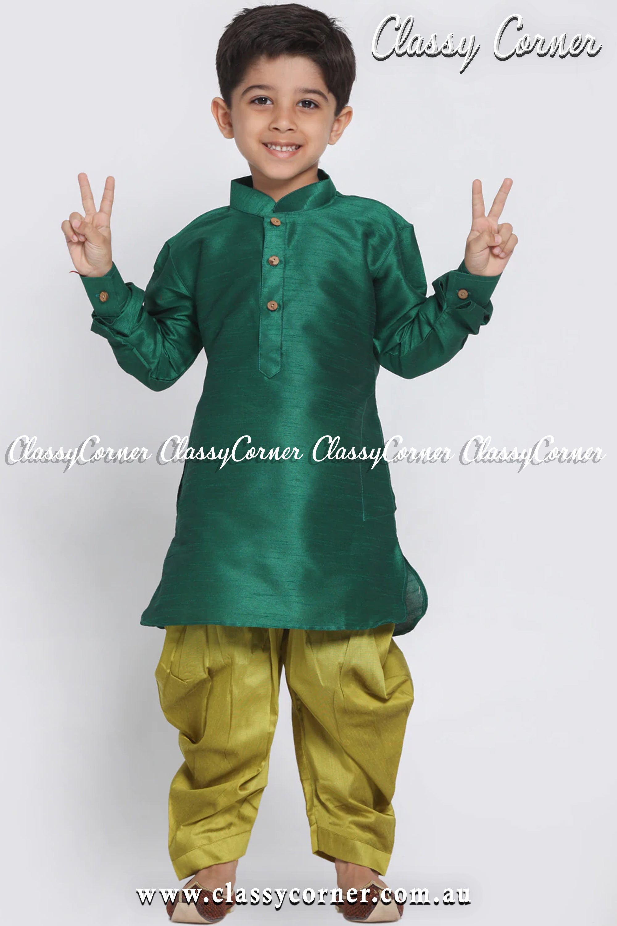 Boy's Green Kurta Pyjama Set - Classy Corner