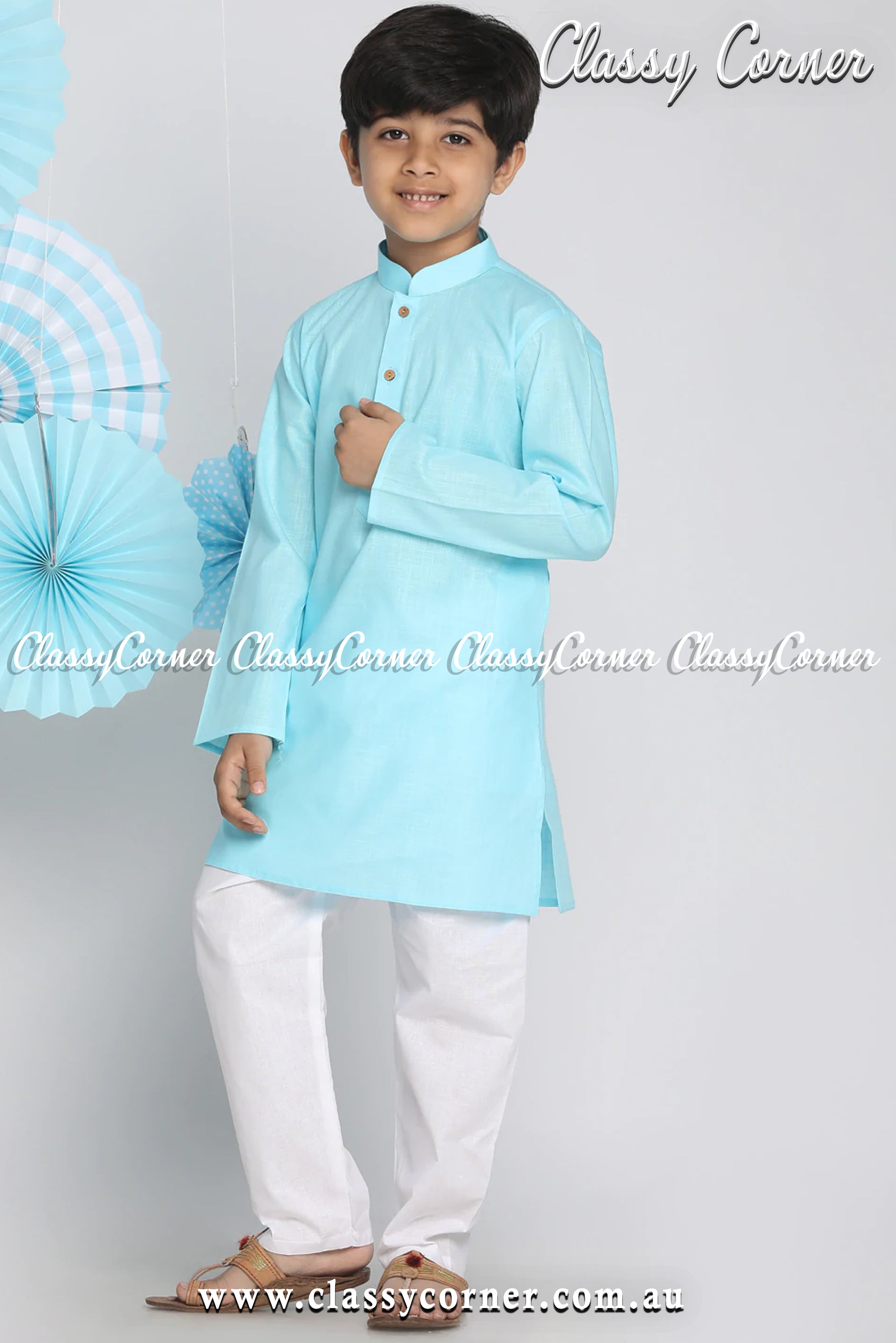 Boy's Pastel Blue Kurta White Pyjama Set - Classy Corner