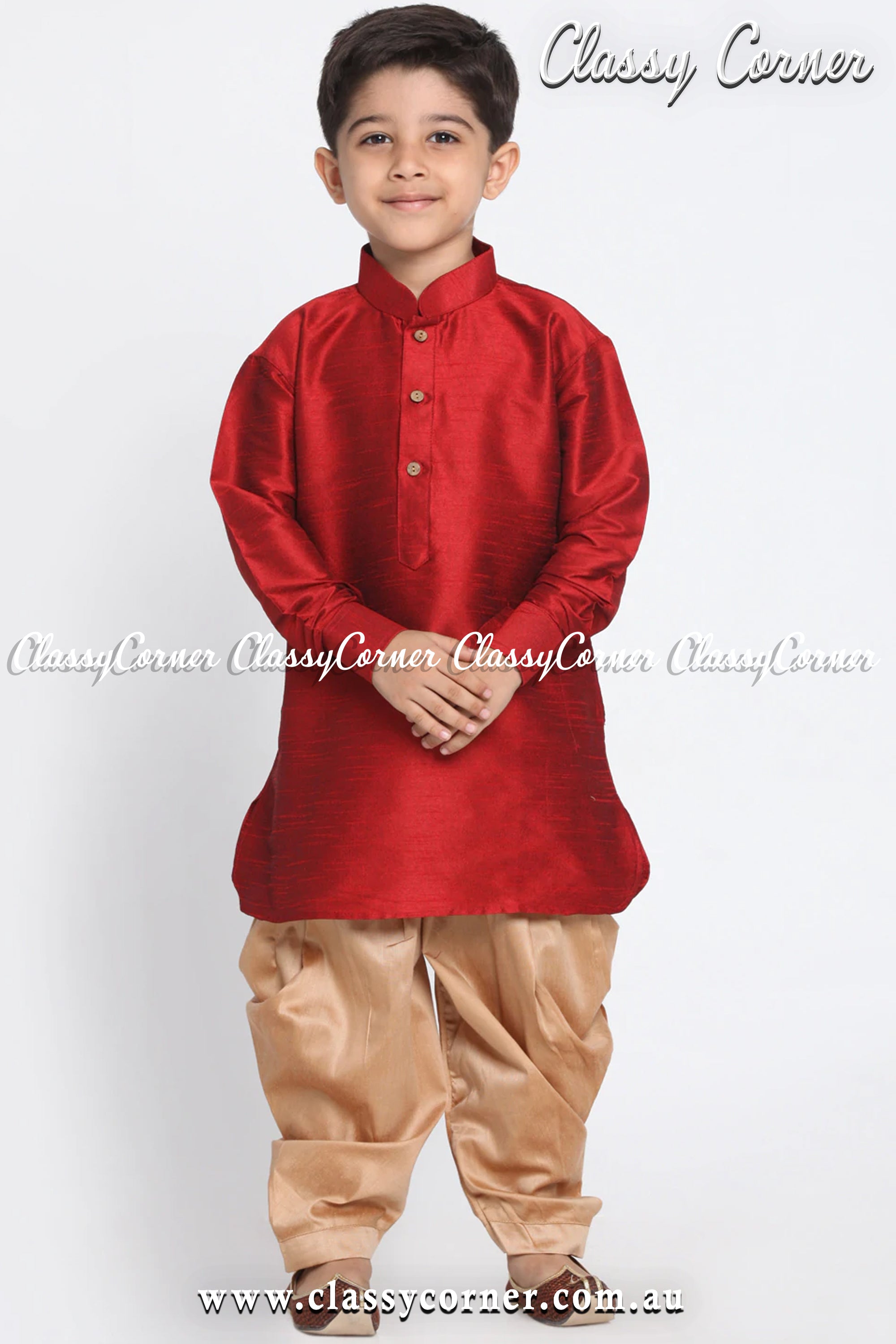 Boy's Red Kurta Rose Gold Pyjama Set - Classy Corner