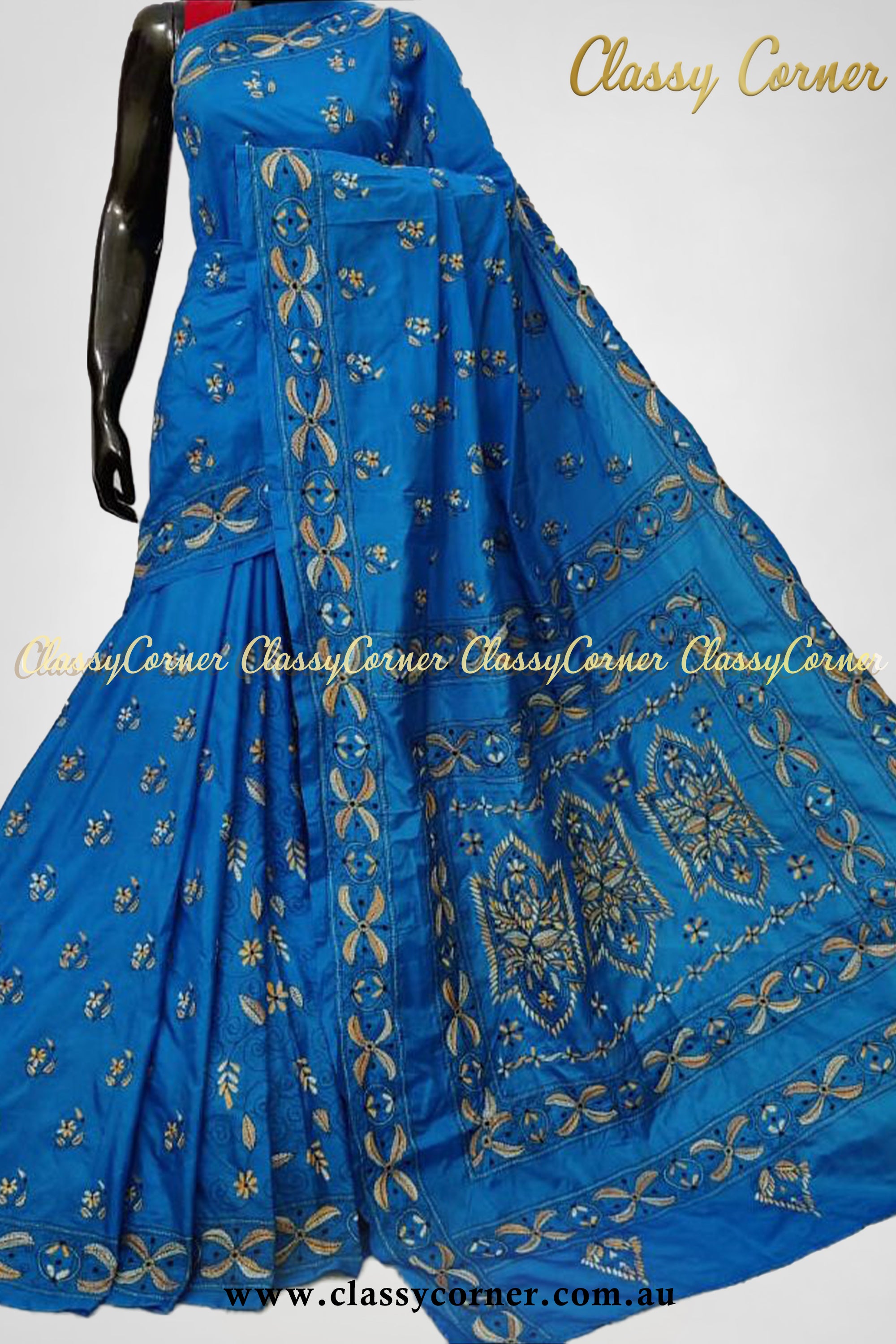 Bright Blue Pure Silk Kantha Stitch Saree - Classy Corner