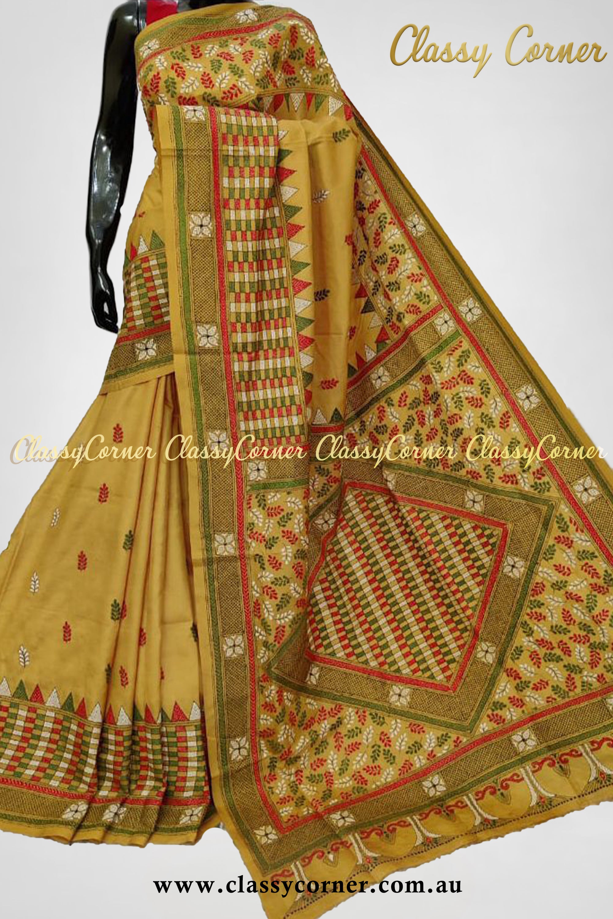 Marigold Multicolour Pure Silk Kantha Stitch Saree - Classy Corner