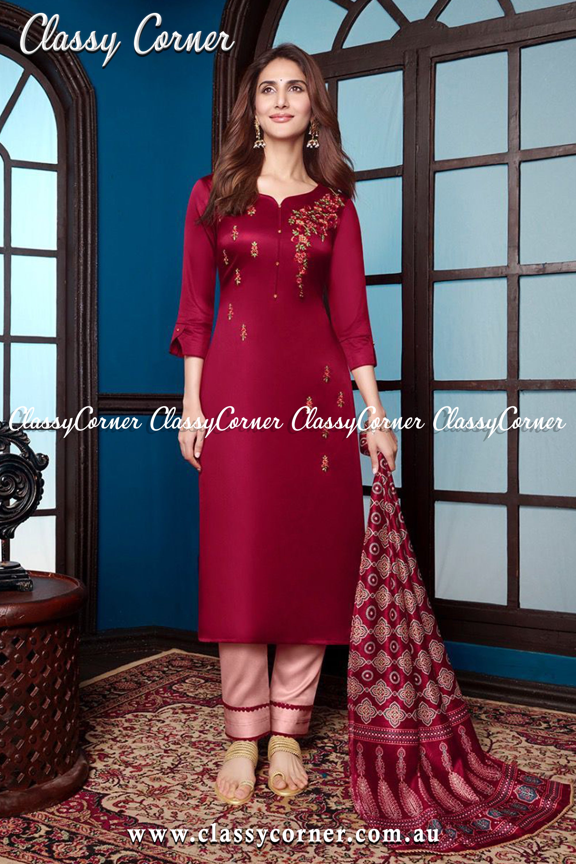 Burgundy Pink Silk Indian Suit - Classy Corner