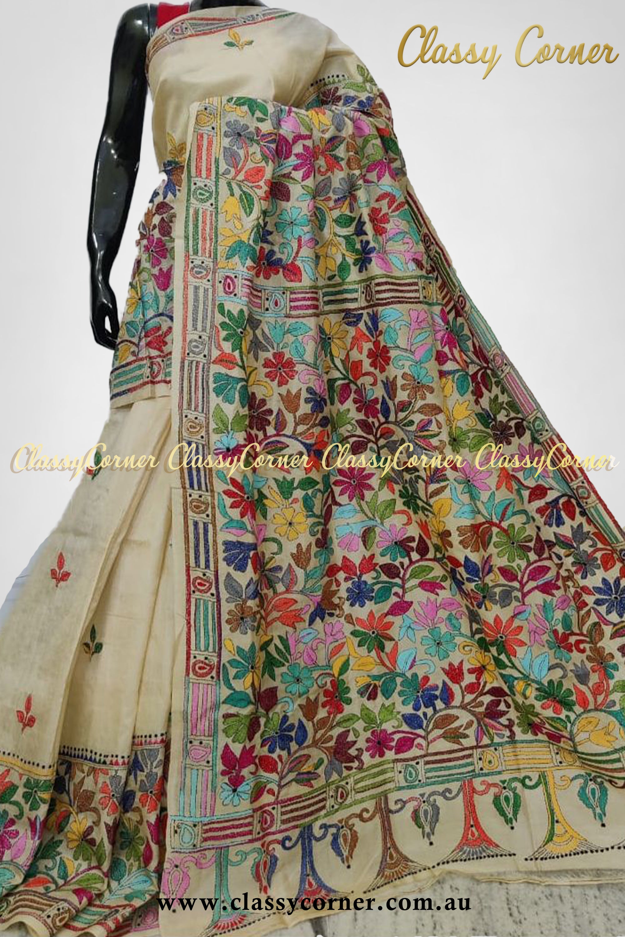 Beige Multicolour Pure Silk Kantha Stitch Saree - Classy Corner