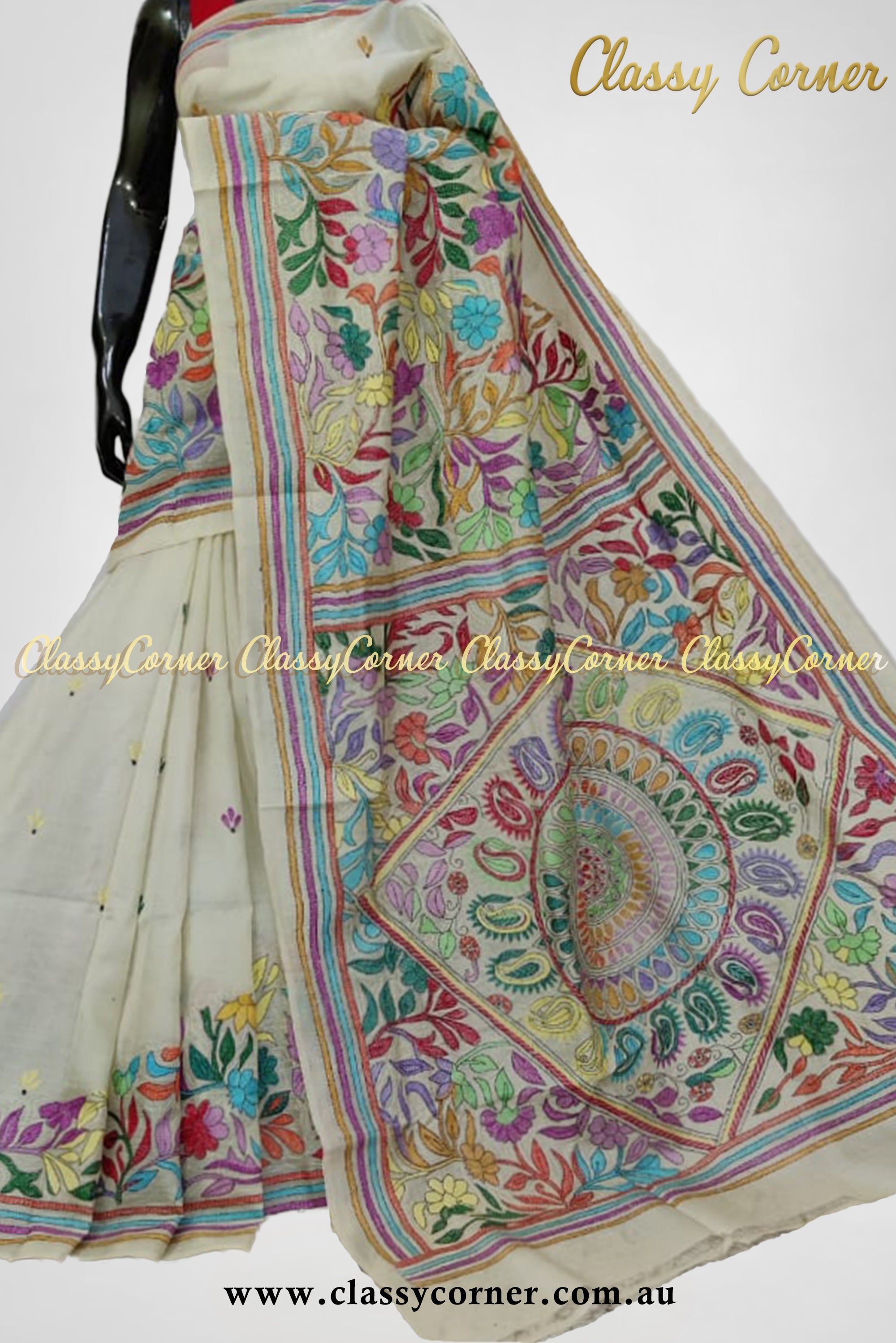 Multicolour Pure Silk Kantha Stitch Saree - Classy Corner