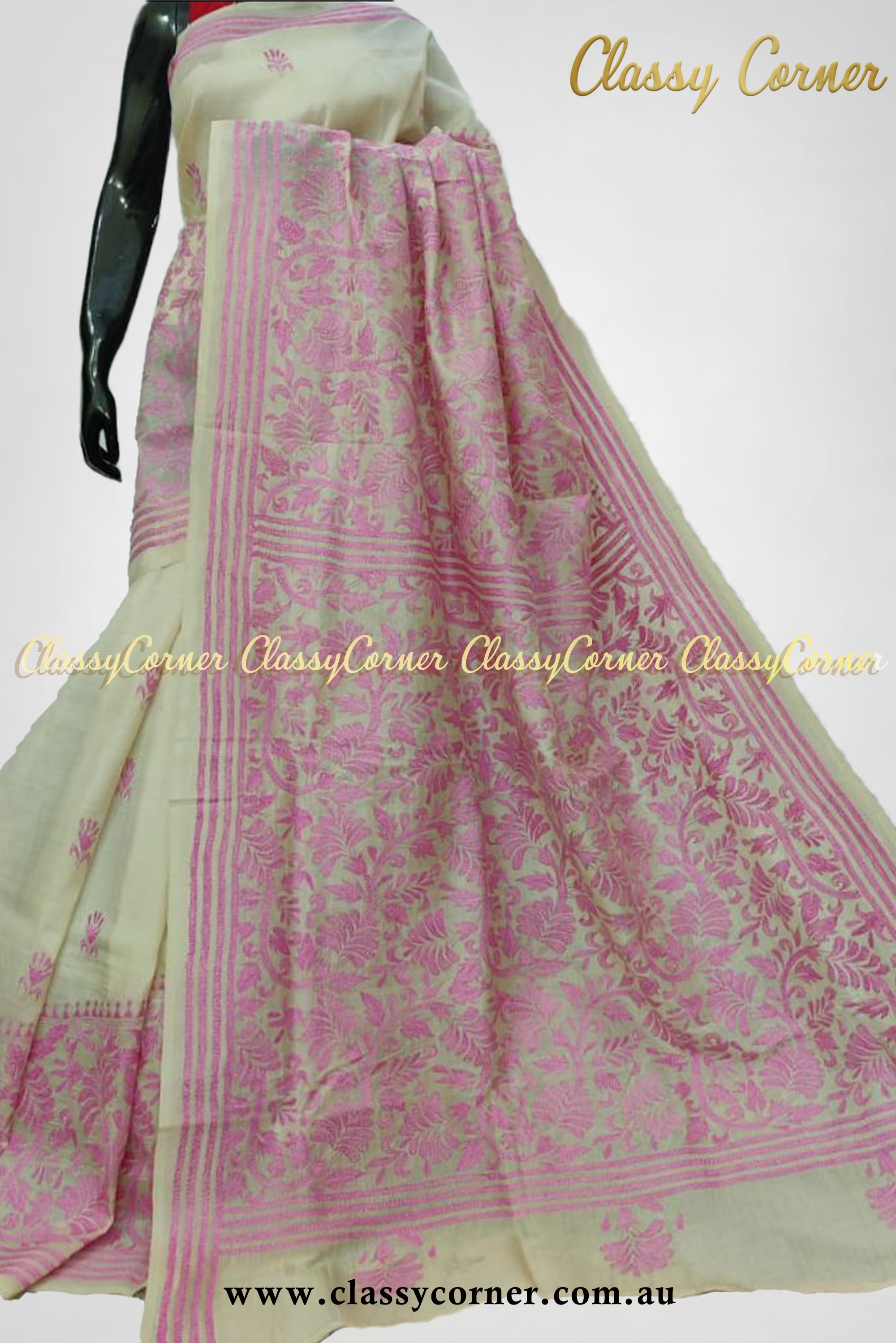 Cream Pink Pure Silk Kantha Stitch Saree - Classy Corner