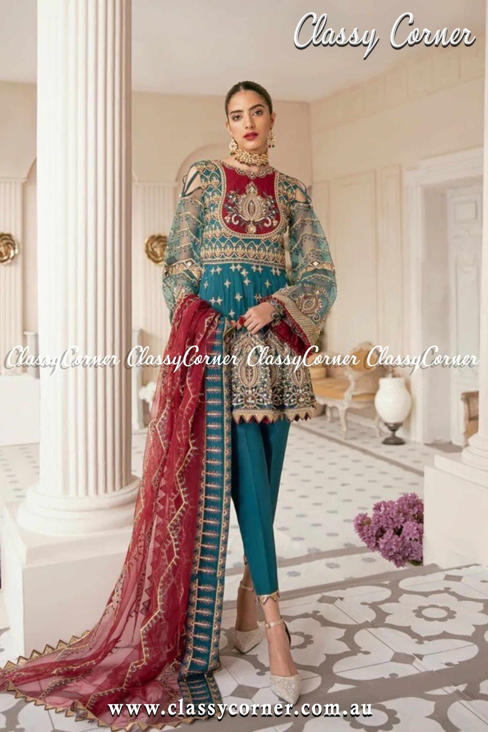 Teal Blue Maroon Fancy Pakistani Outfit - Classy Corner
