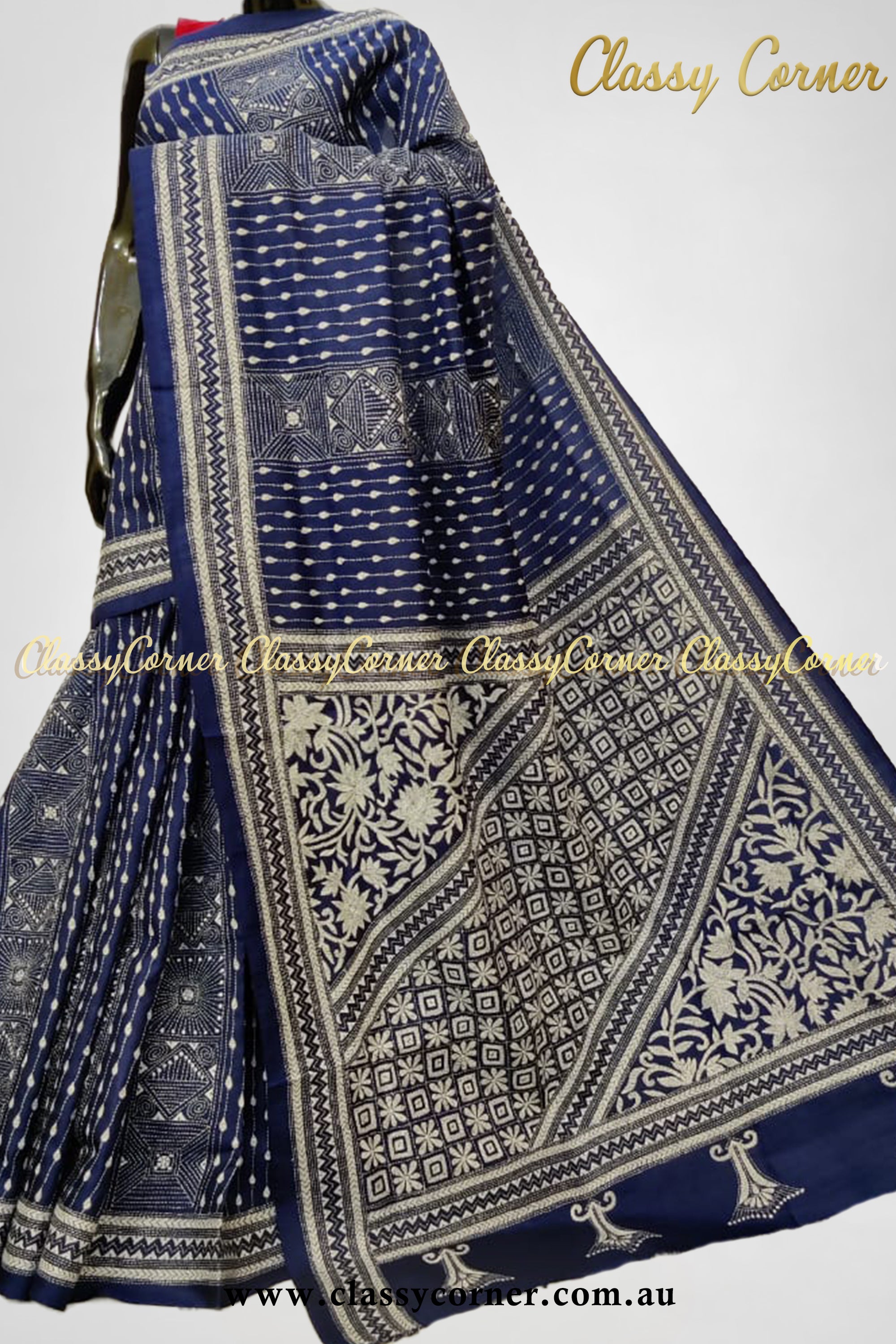 Dark Blue White Pure Silk Kantha Stitch Saree - Classy Corner