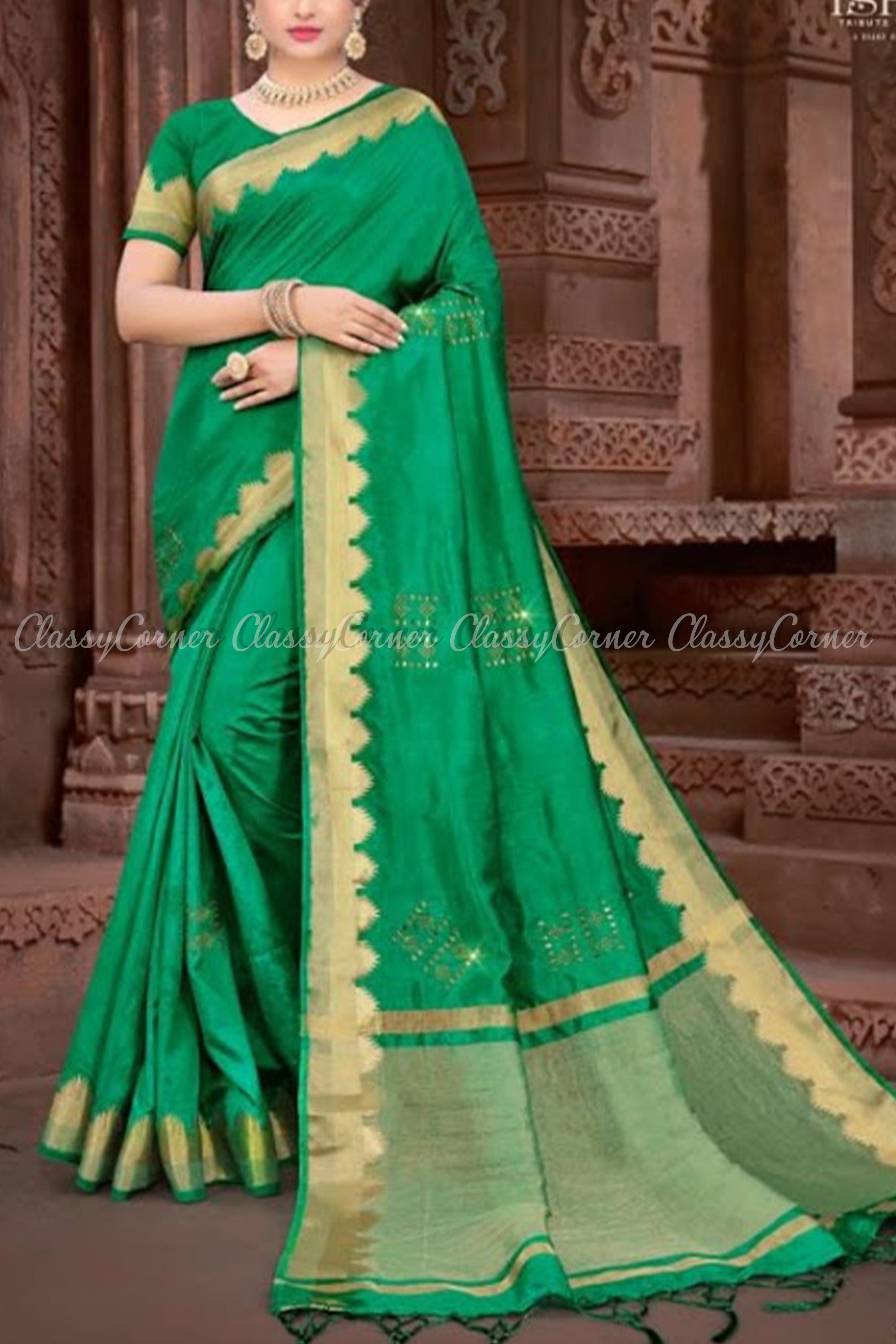 Elegant Green with Gold Border Vichitra Silk Saree - Classy Corner