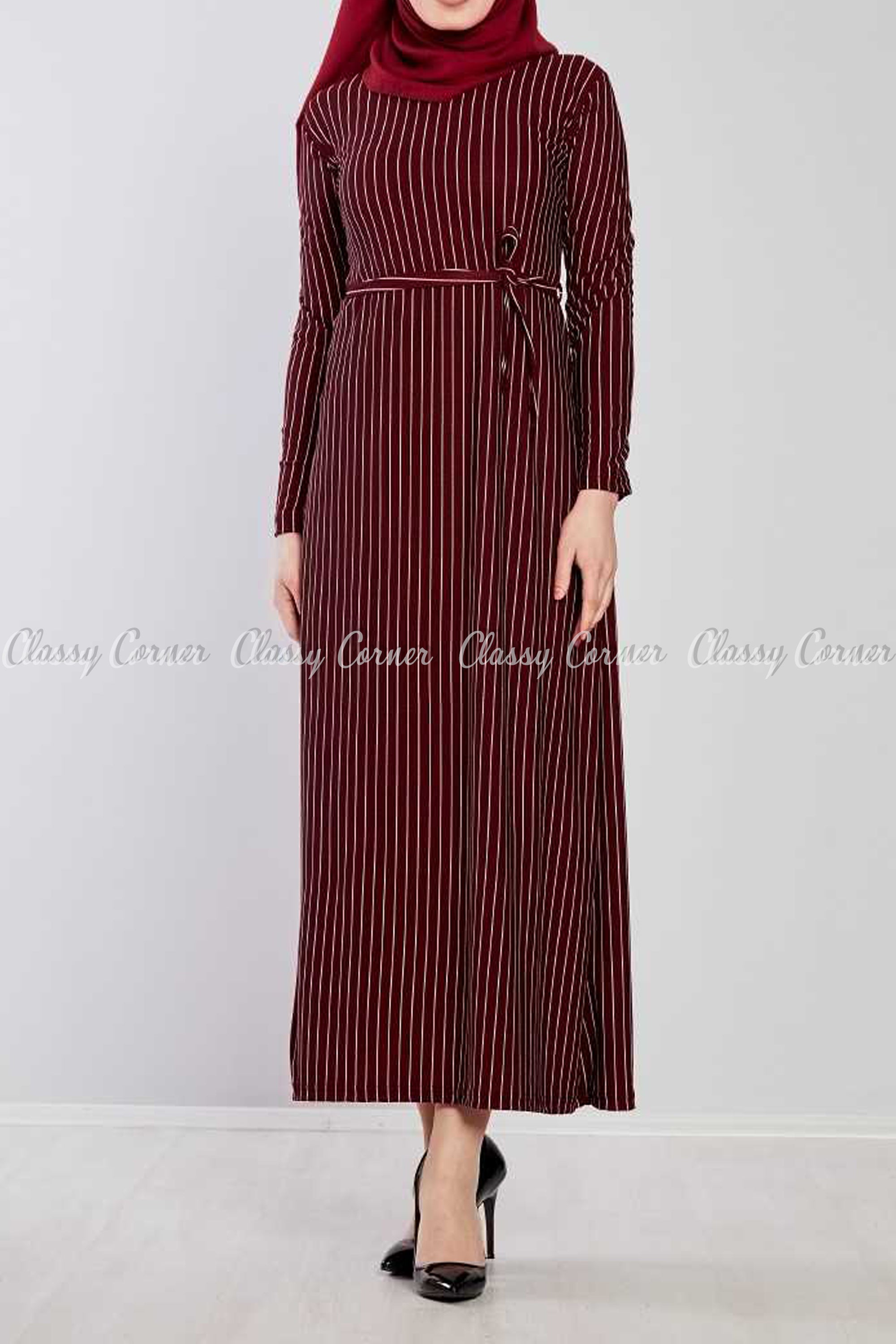 Fine Stripes Prints Red Modest Long Dress - Classy Corner